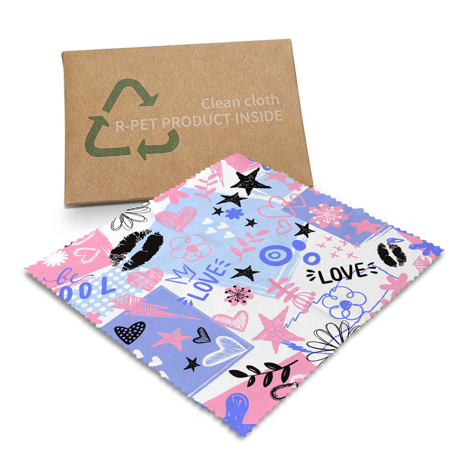 A RPET microfibre cleaning cloth in a colourful design featuring pink, purple, and black patterns, packaged in a brown box with a logo. RPET Microfibre Cleaning Cloth - Image 1