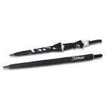 A black double canopy umbrella with a white handle and a logo. The umbrella is folded and shows contrasting panels.