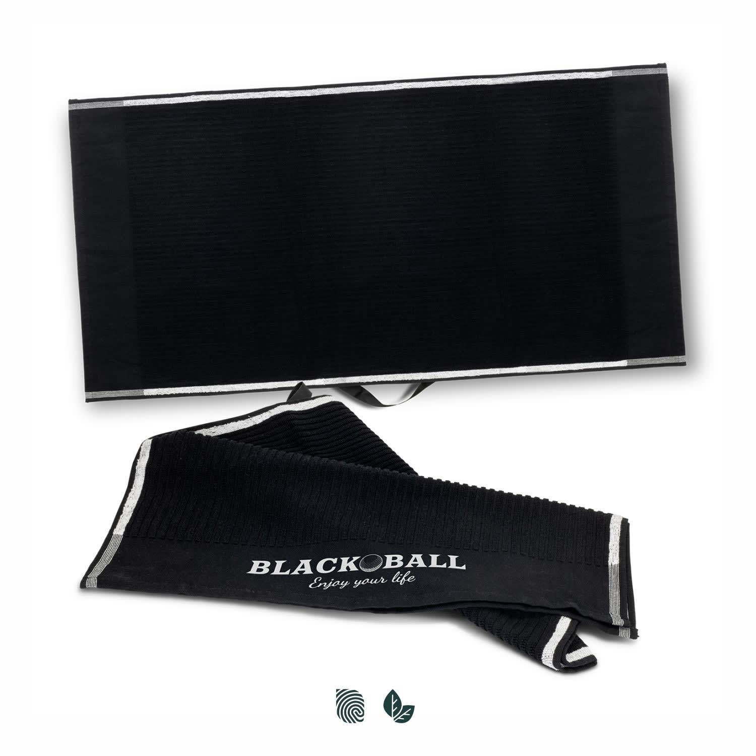 A black golf towel featuring a textured design and a logo. It is folded with a hanging loop. A black golf towel featuring a textured design and a logo. It is folded with a hanging loop.