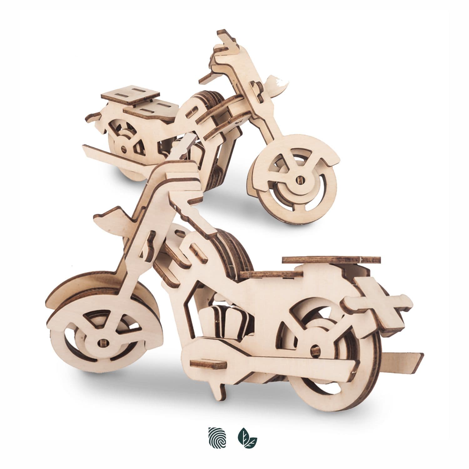 Two wooden motorcycle models constructed from light brown plywood, featuring intricate cut-out designs. BRANDCRAFT Custom Design Model - Indent - Image 1