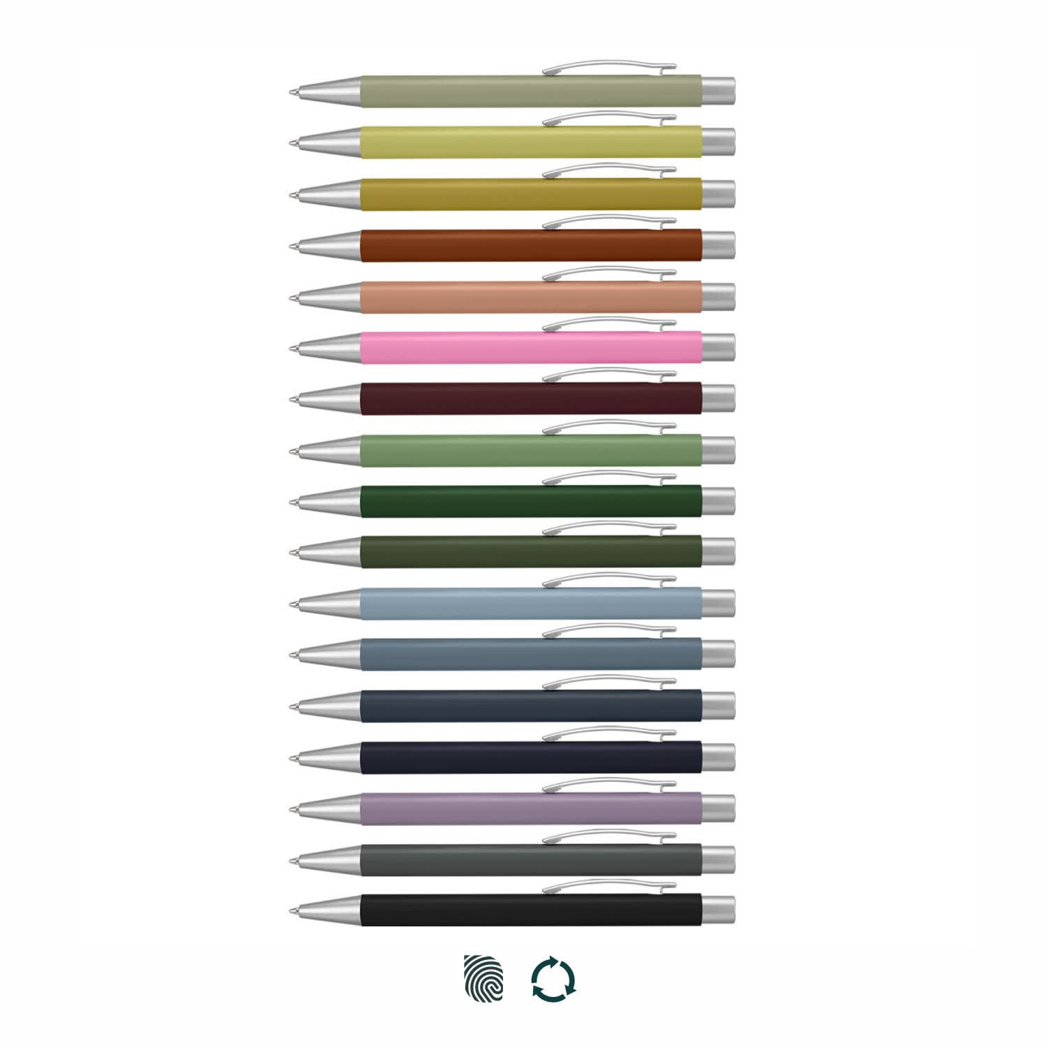 A collection of metal pens in various colours, featuring silver accents and a logo on each pen. Lancer Fashion Pen - Image 1