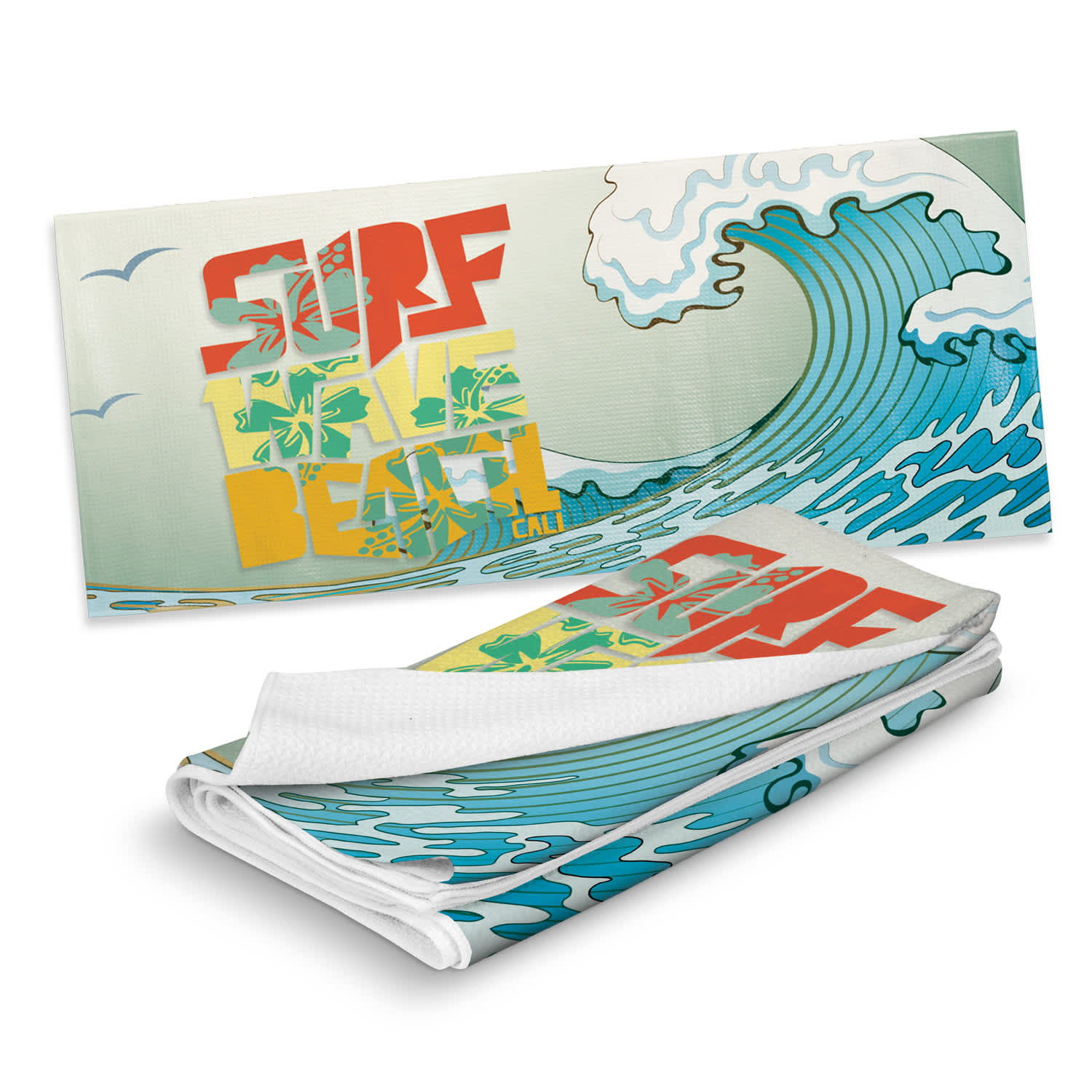 A full-colour sand-free towel featuring a wave design in blue and green with a surf theme. It has a logo. Sand Free Towel - Full Colour - Image 1
