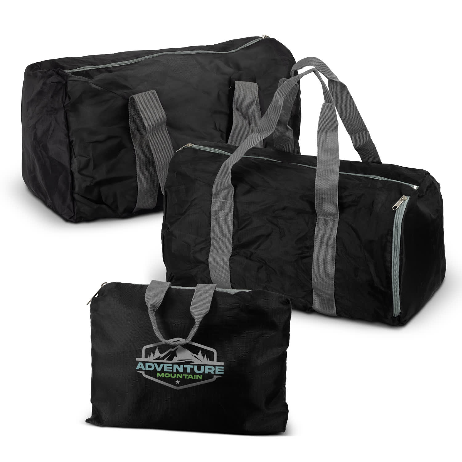 A black foldable duffle bag with grey straps and a logo. It displays three sizes of the bag. Origami Foldable Duffle - Image 1