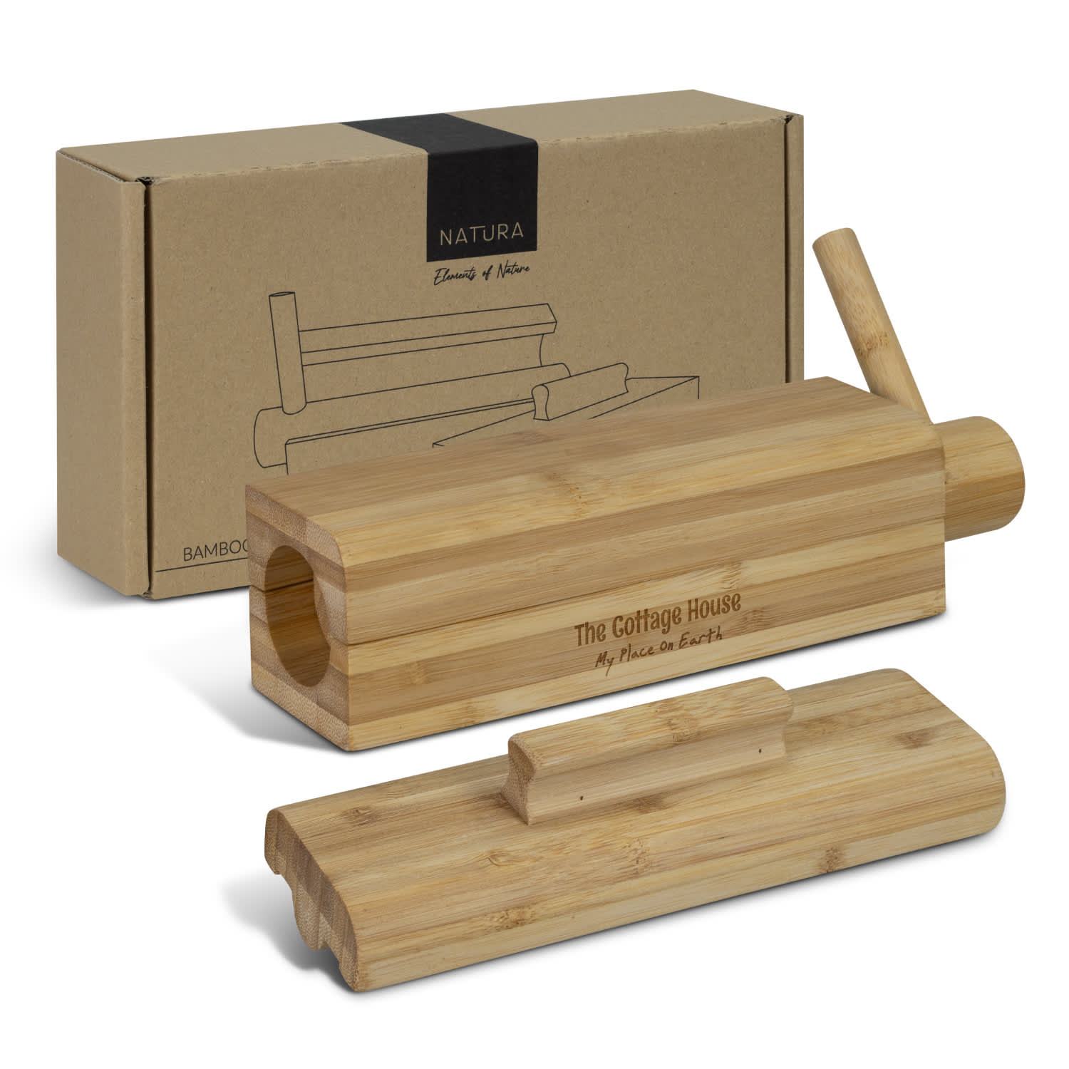 A bamboo sushi maker with a wooden lid and a removable piece, presented with a decorative box. NATURA Bamboo Sushi Maker - Image 1