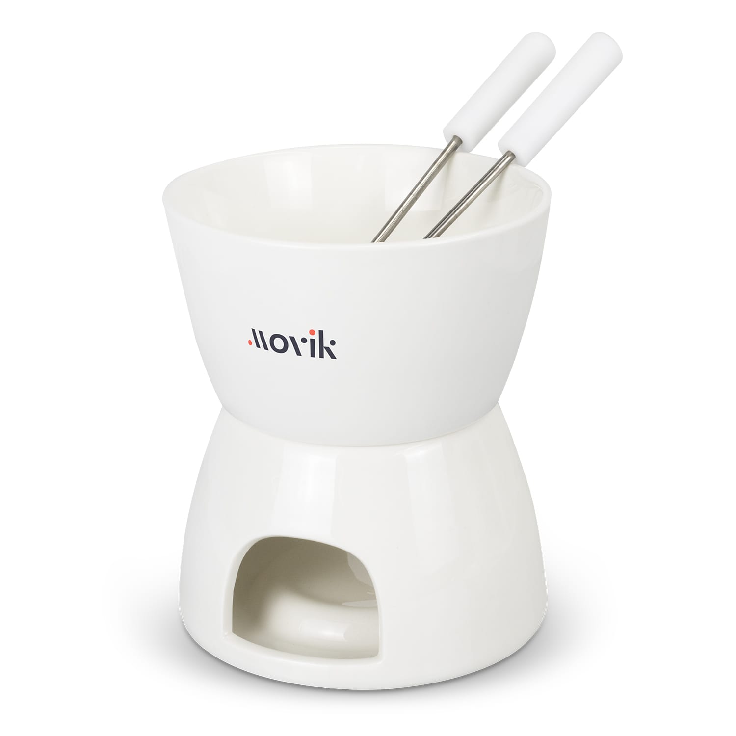 A white mini fondue set featuring a bowl, metal skewers, and a base for heating. Includes a branding logo. Mini Fondue Set - Image 1