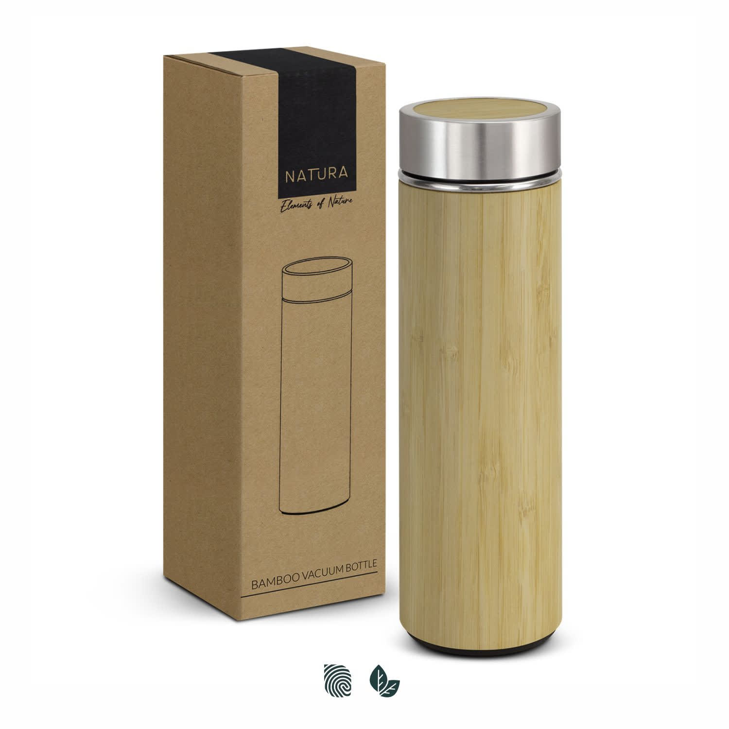 A drink bottle with a bamboo finish and metal lid, displayed beside its cardboard packaging. It has a logo on the bottle. NATURA Bamboo Vacuum Bottle - Image 1