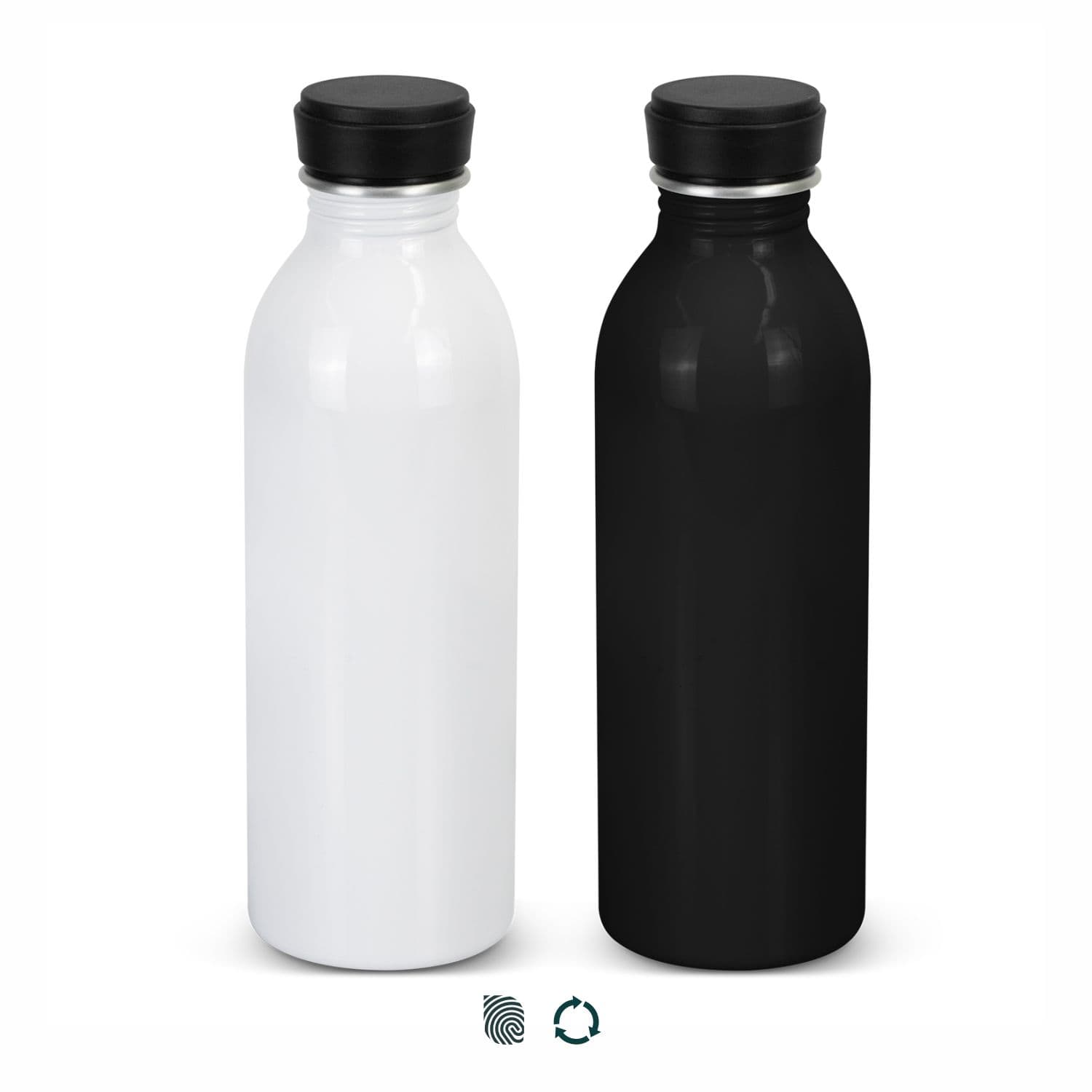 A drink bottle featuring a sleek design in matte black and glossy white, with a metal screw-on lid and a logo. Adora Recycled Aluminium Bottle - Image 1