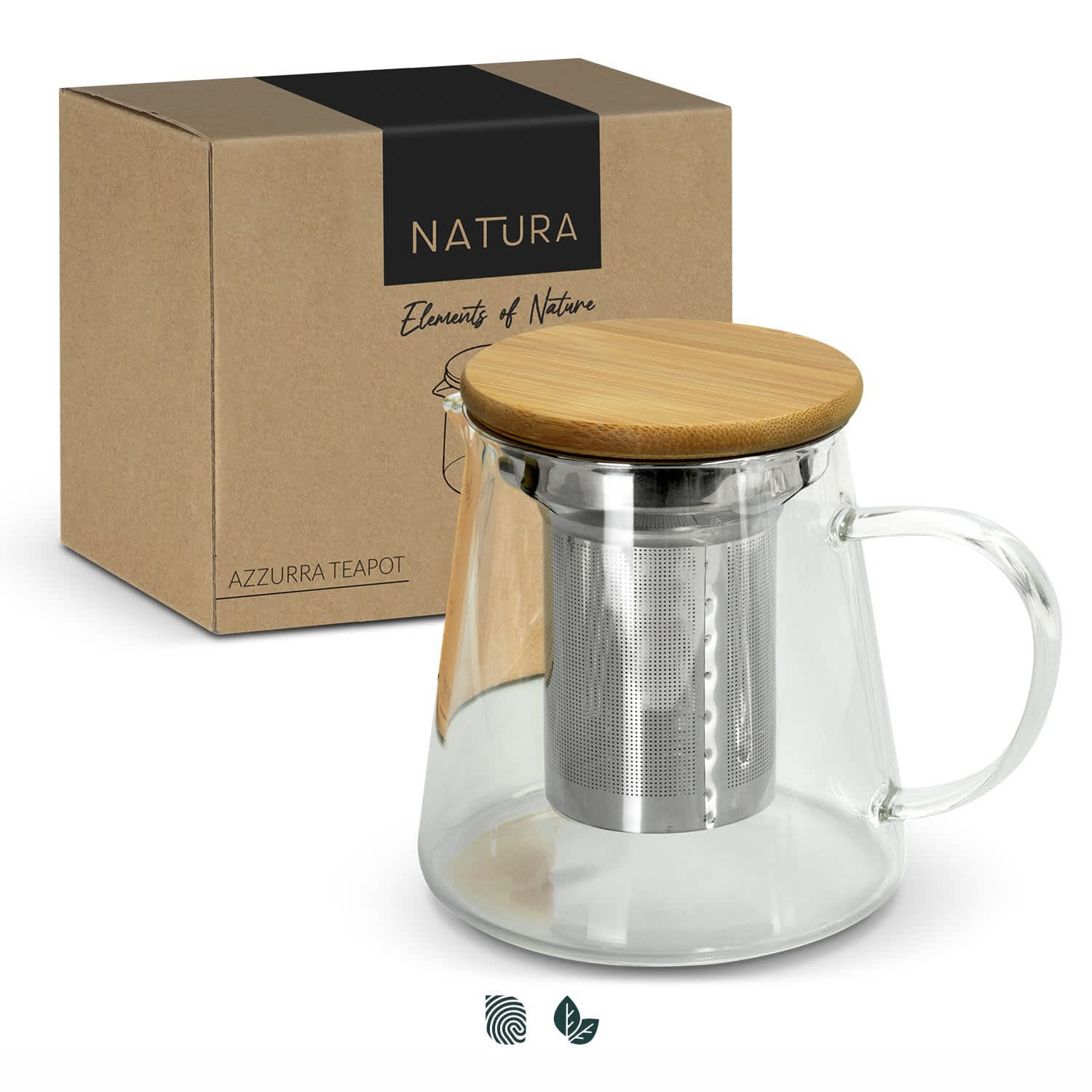A glass teapot with a stainless steel infuser and bamboo lid, presented with its packaging. NATURA Azzurra Teapot - Image 1