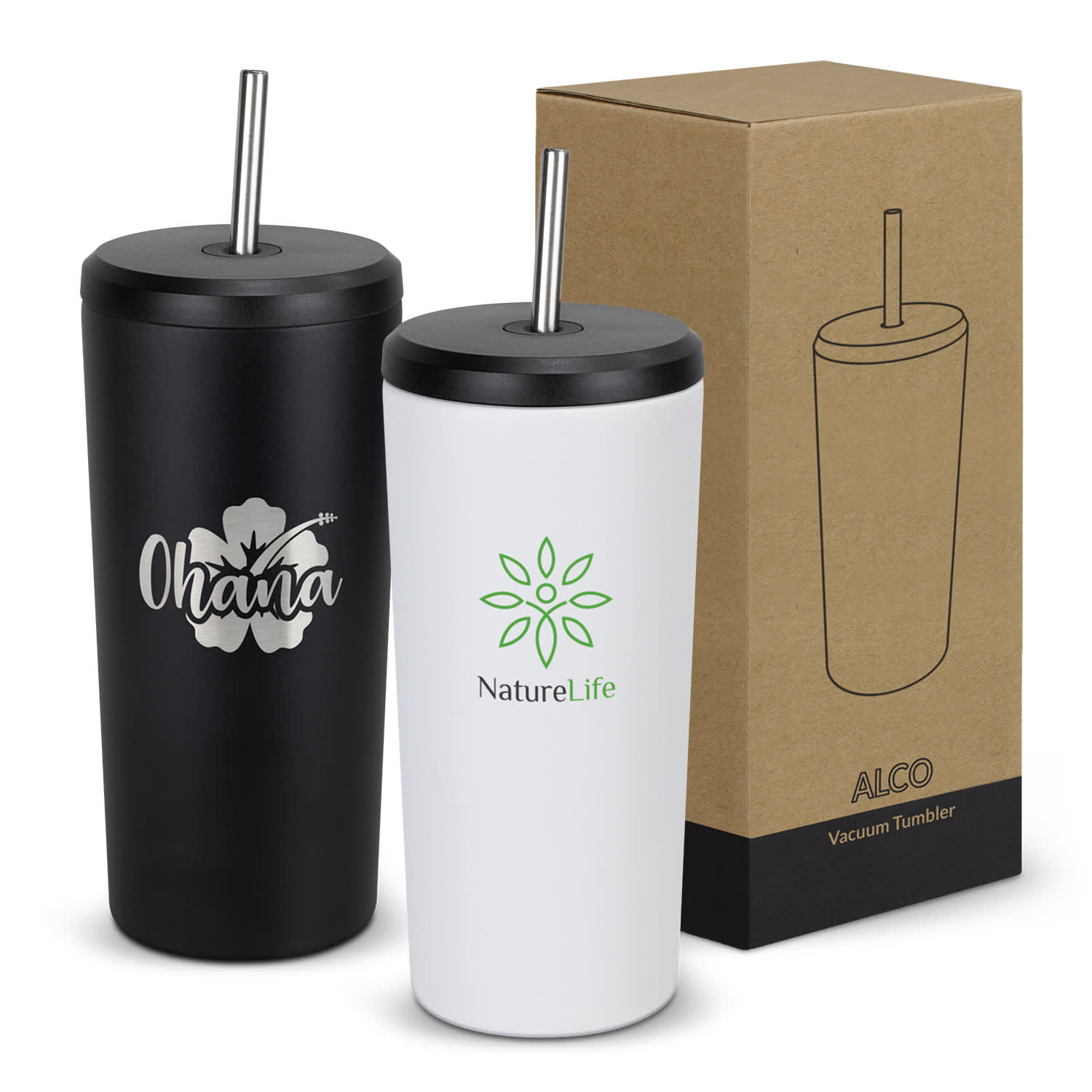 A drink bottle set featuring a black and a white vacuum tumbler, each with a straw and logos, packaged in a box. Alco Vacuum Tumbler - Image 1