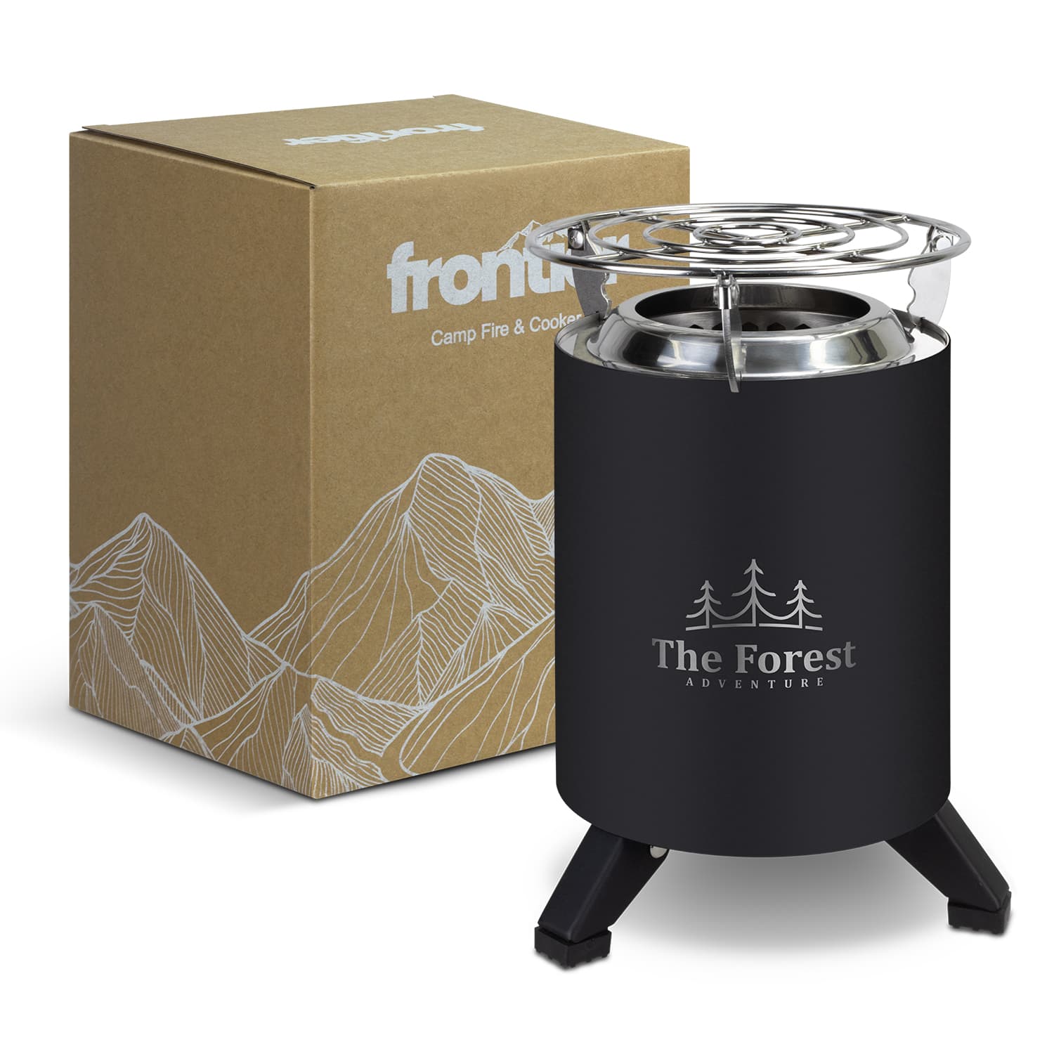 A black camp fire and cooker with a metal top, alongside a cardboard box featuring mountain designs. Frontier Camp Fire and Cooker - Image 1
