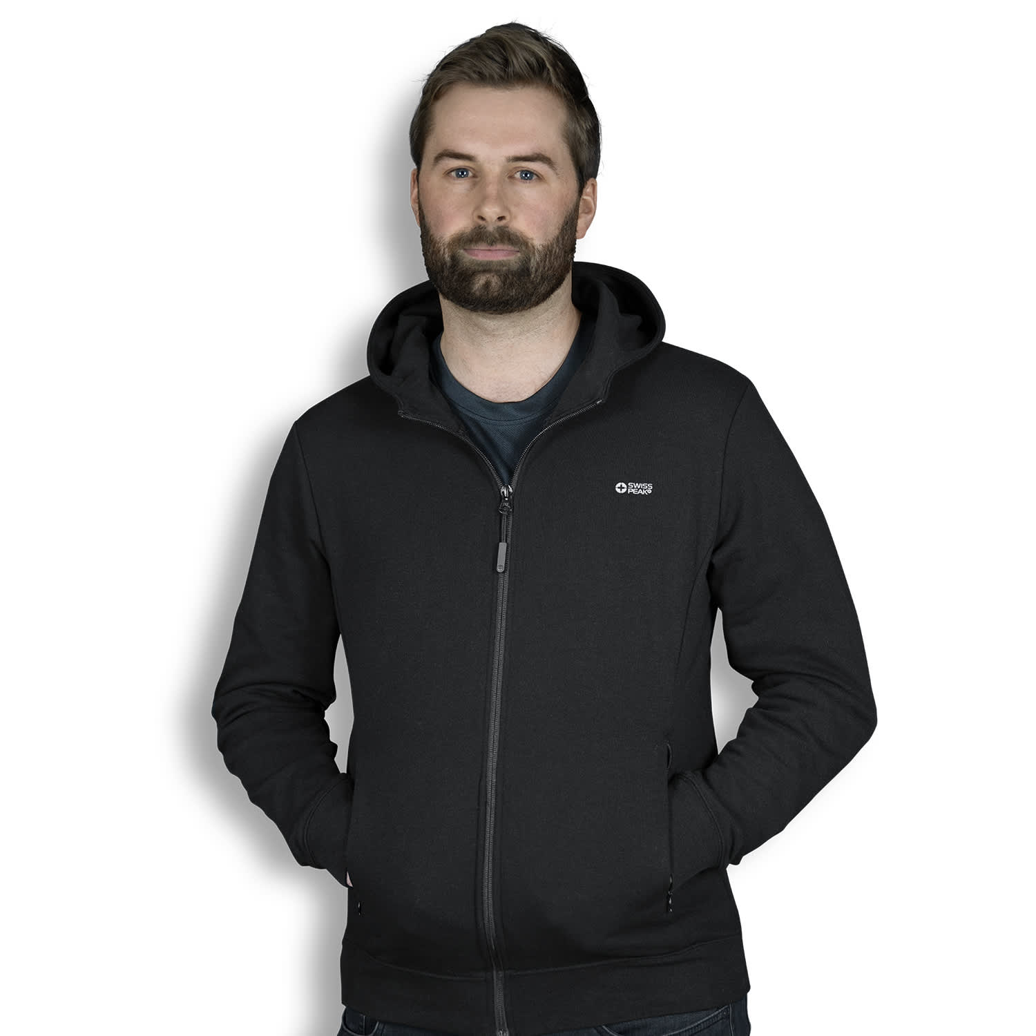 A black zip-up hoodie worn by a man with a beard, featuring a hood and a small logo. Swiss Peak Urban Hoodie - Image 1