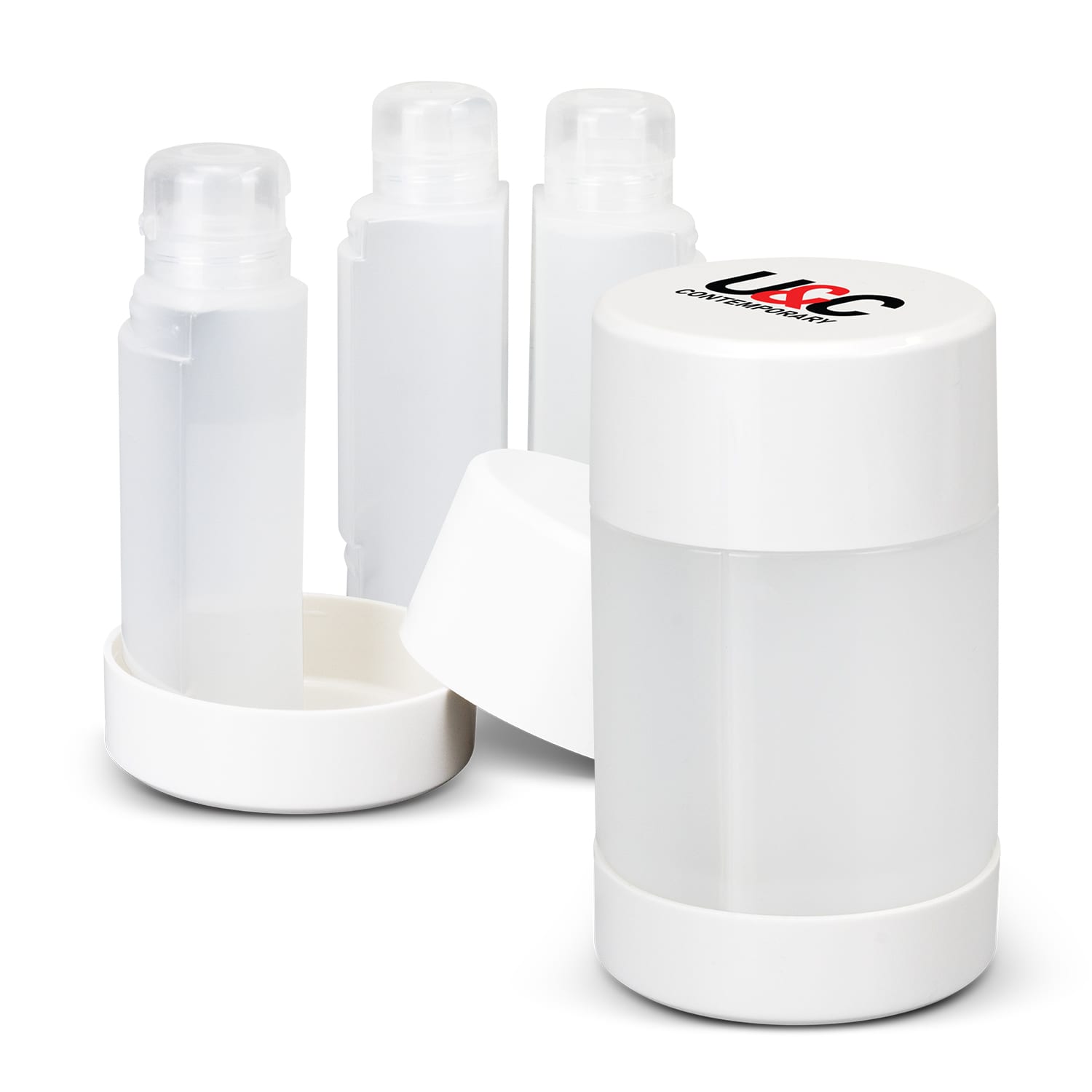 A travel bottle set featuring two transparent bottles and a container, all with white caps. Includes a branding logo. Travel Bottle Set - Image 1