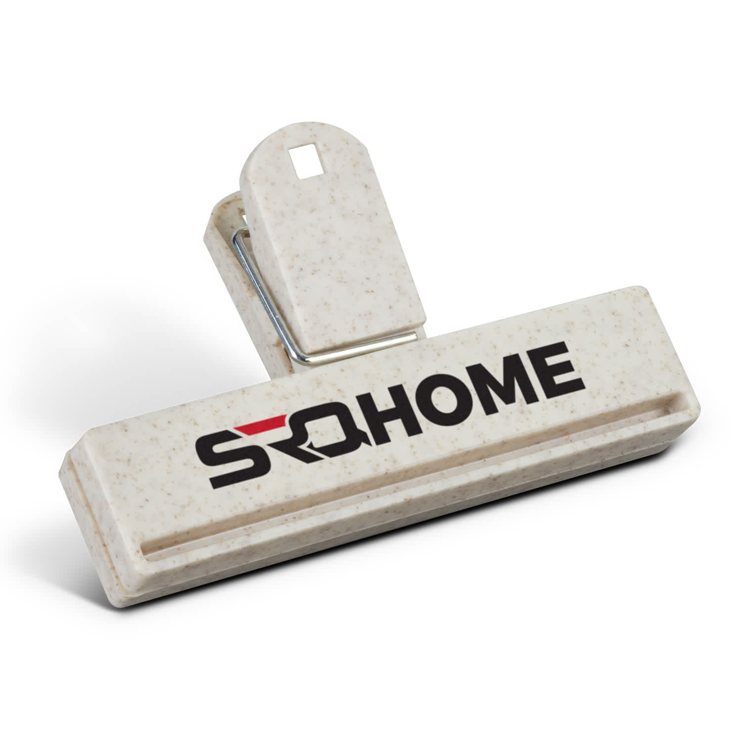 A cream snack bag clip with a logo, featuring a sturdy grip and a wide opening for securing bags. Snack Bag Clip - Image 1