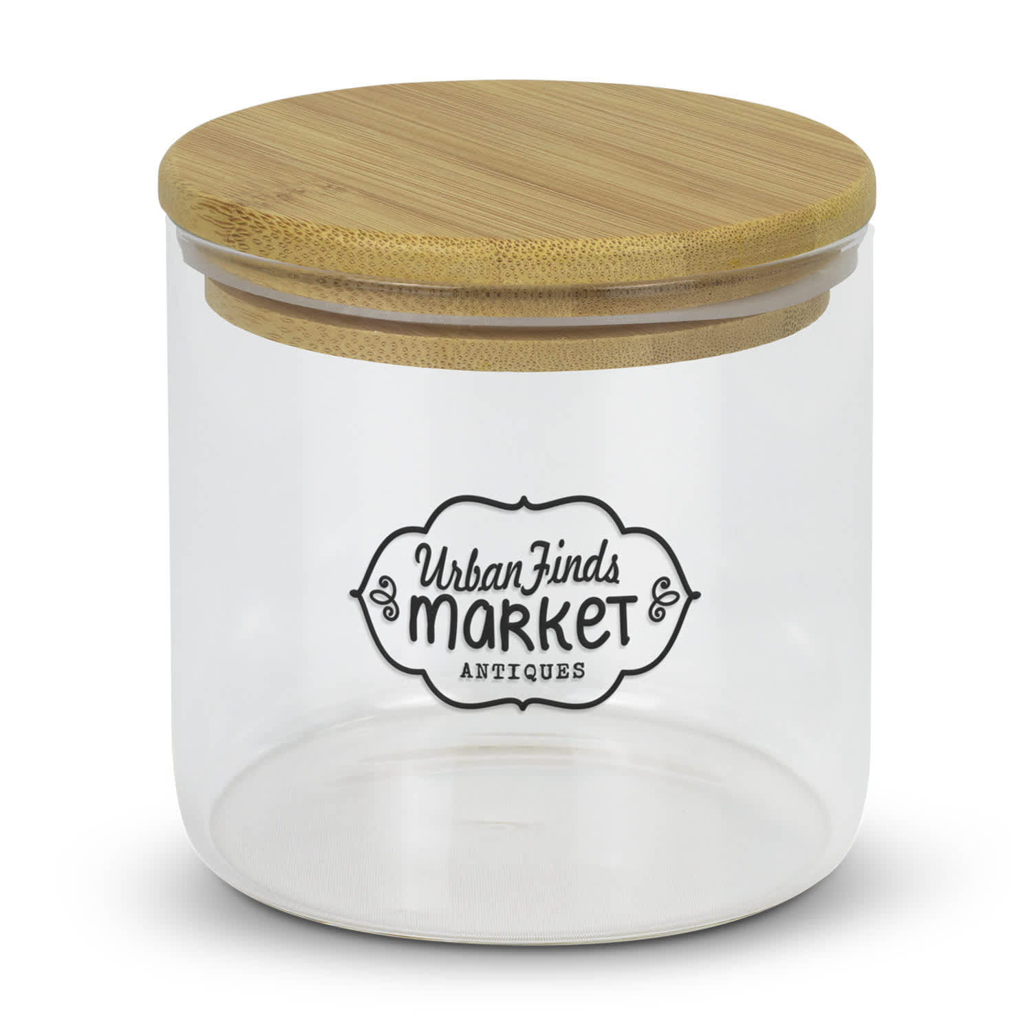 A large round glass storage canister with a bamboo lid and a decorative logo on the front. Round Storage Canister Large - Image 1
