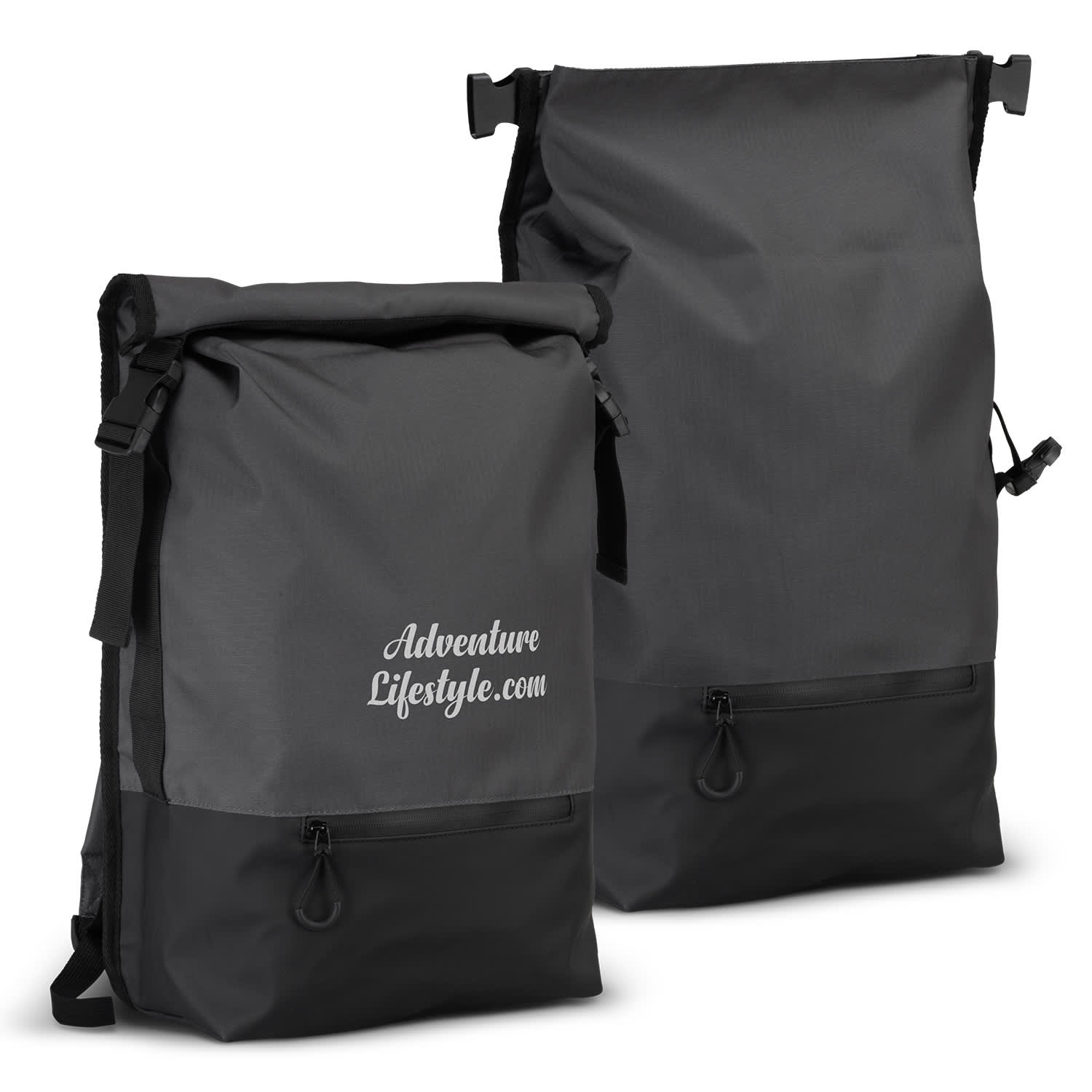 Two grey Fjord Backpacks with a roll-top design and a black base, featuring a logo on the front. Fjord Backpack - Image 1