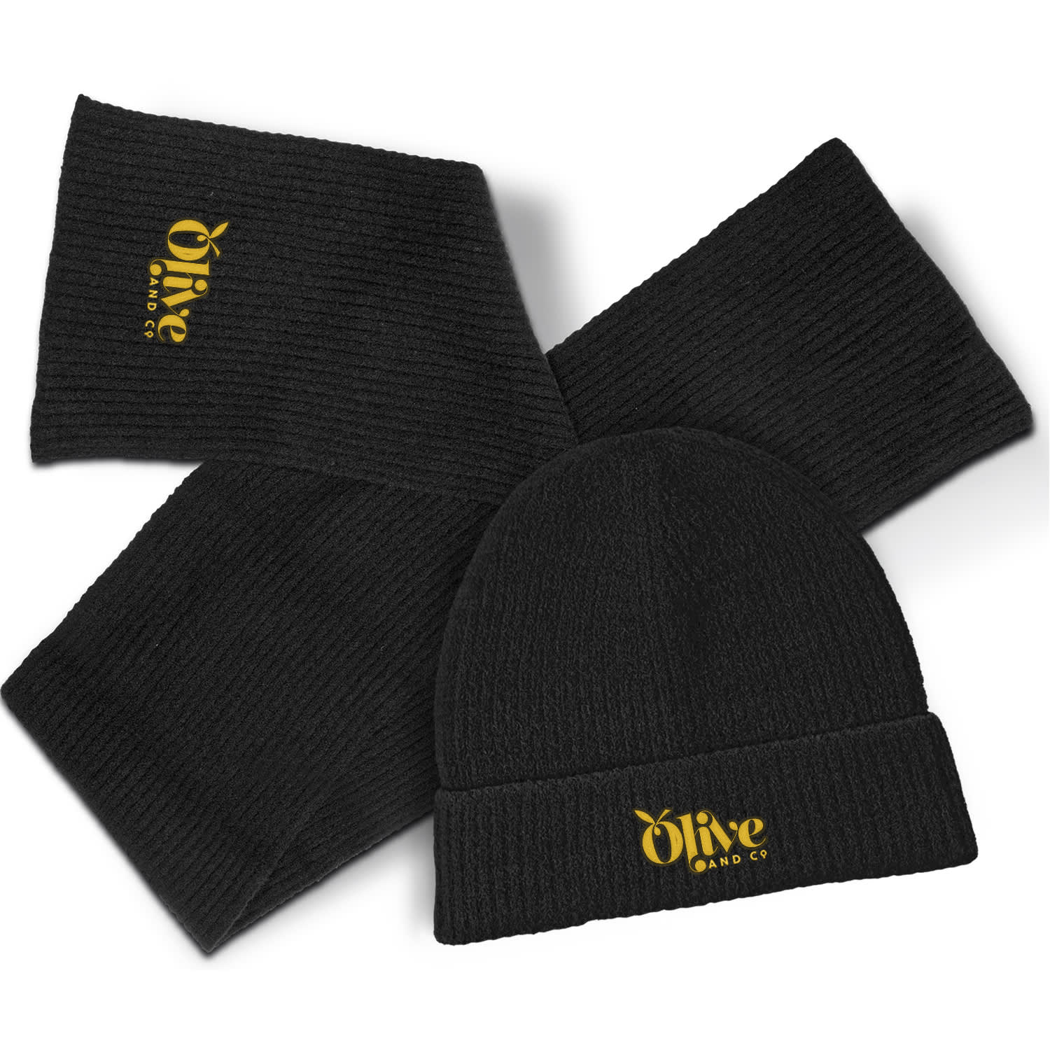 A black beanie and a matching scarf set featuring a logo, arranged attractively. Avalanche Scarf and Beanie Set - Image 1
