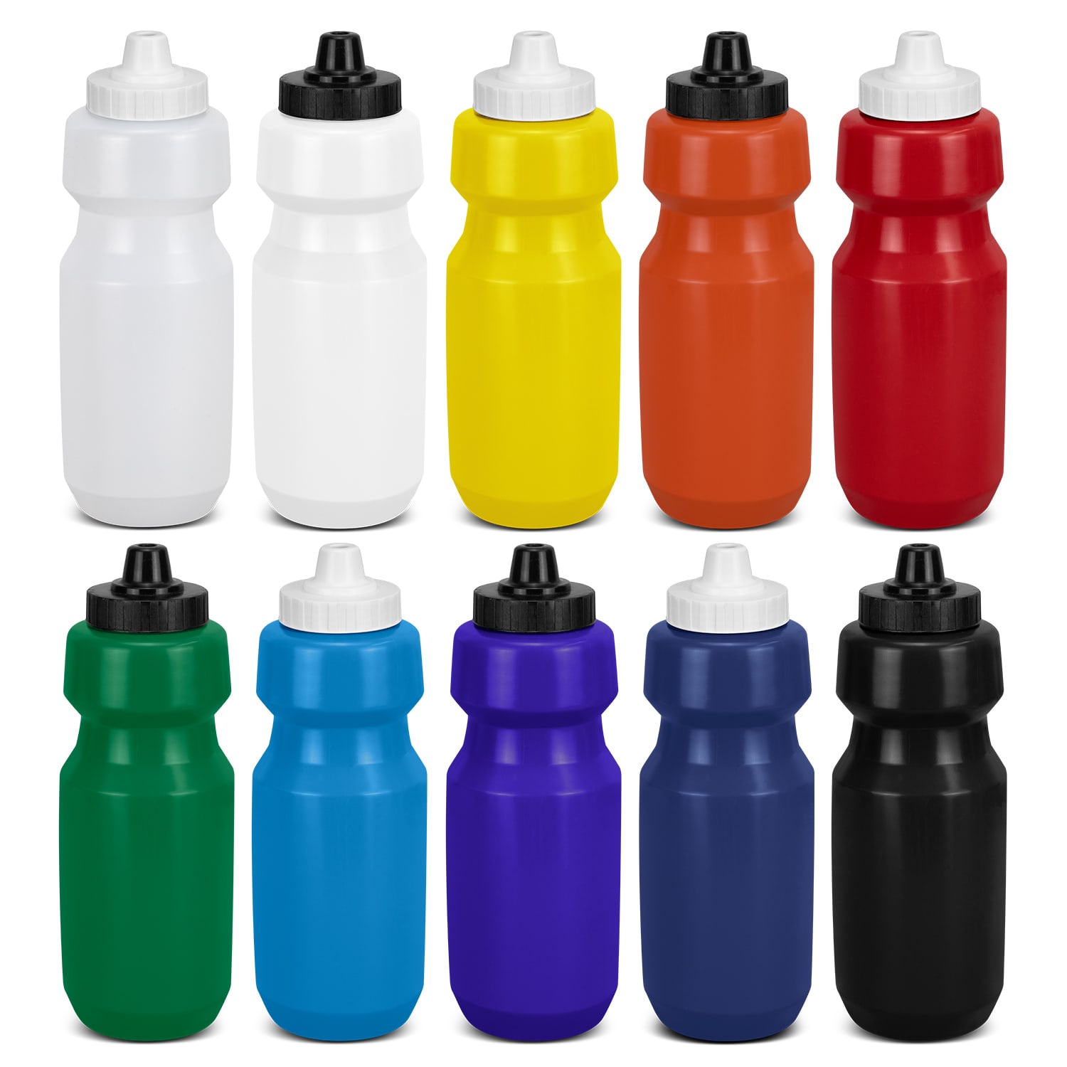 A drink bottle set featuring twelve bottles in white, yellow, orange, green, blue, purple, and black, each with a black cap. Sprits Bottle - Image 1