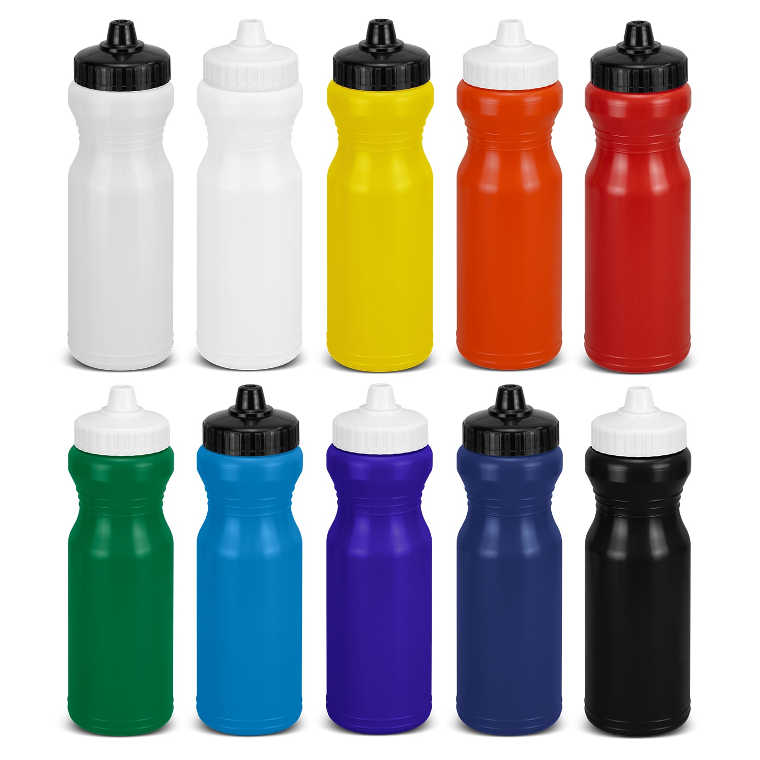 A collection of twelve drink bottles in various colours: white, red, yellow, orange, green, blue, and black, each with a black cap. Fielder Bottle - Image 1