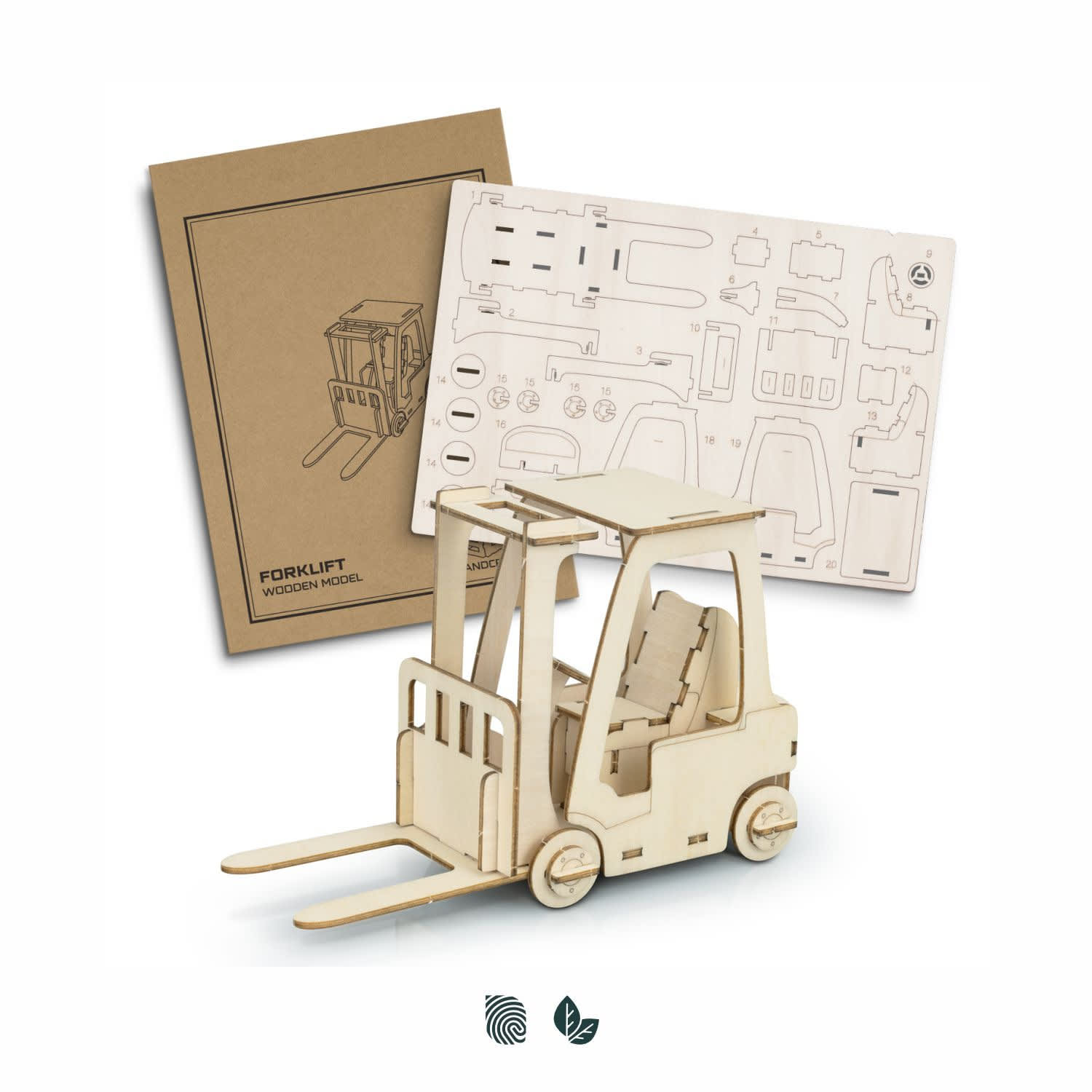 A wooden forklift model in natural wood colour, alongside a flat assembly sheet with cut-out pieces. BRANDCRAFT Forklift Wooden Model - Image 1