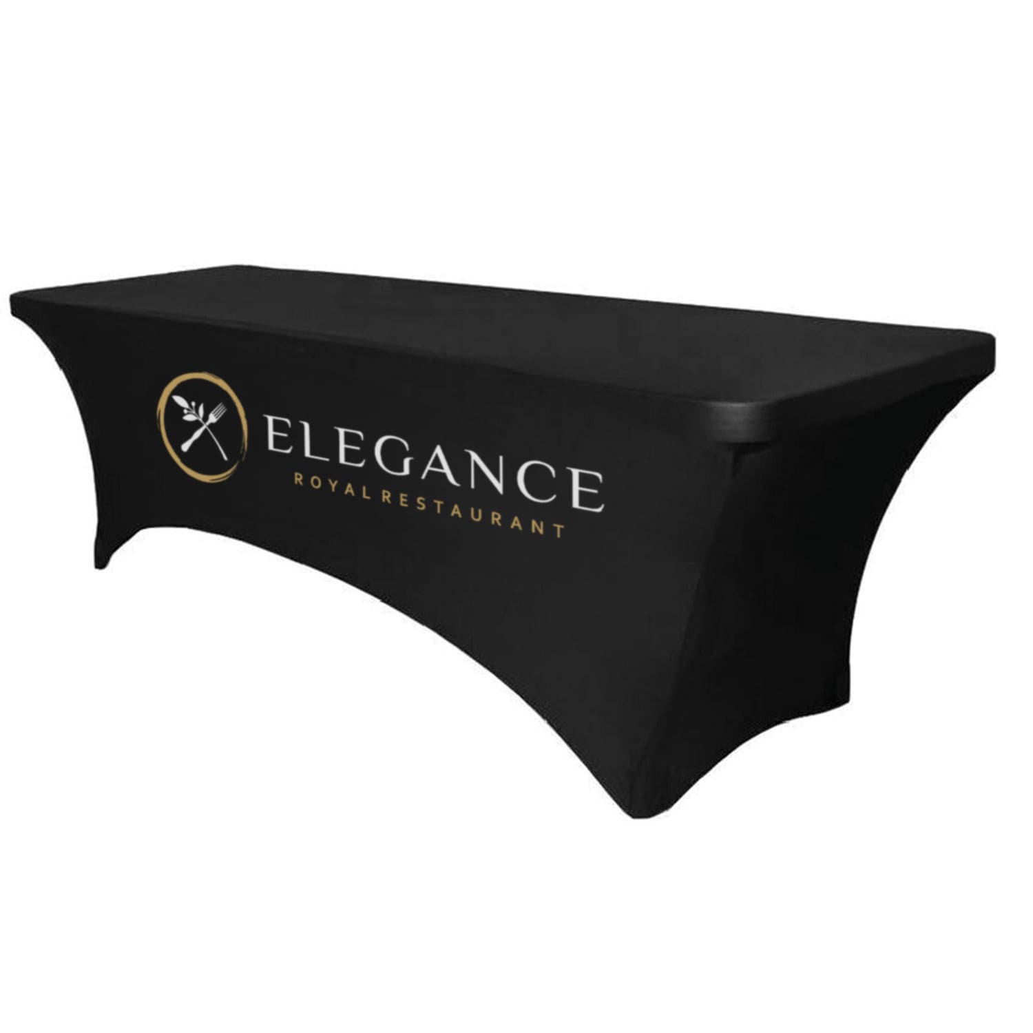 A black stretch table cover with an elegant logo in gold, designed for an eight-foot table. 8 Foot Table Cover Stretch - Image 1