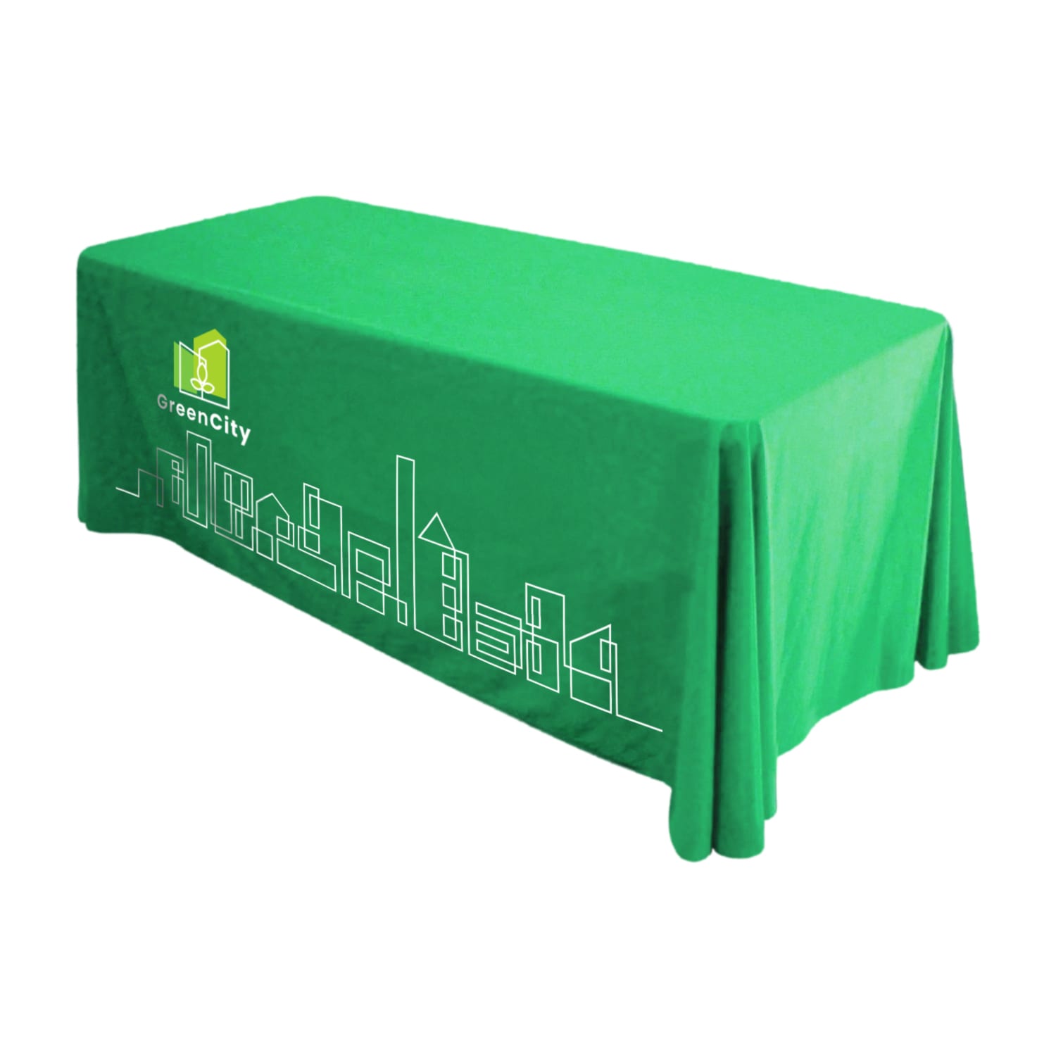 A green table cover throw for a four-foot table, featuring a logo and a simple design. 4 Foot Table Cover Throw - Image 1