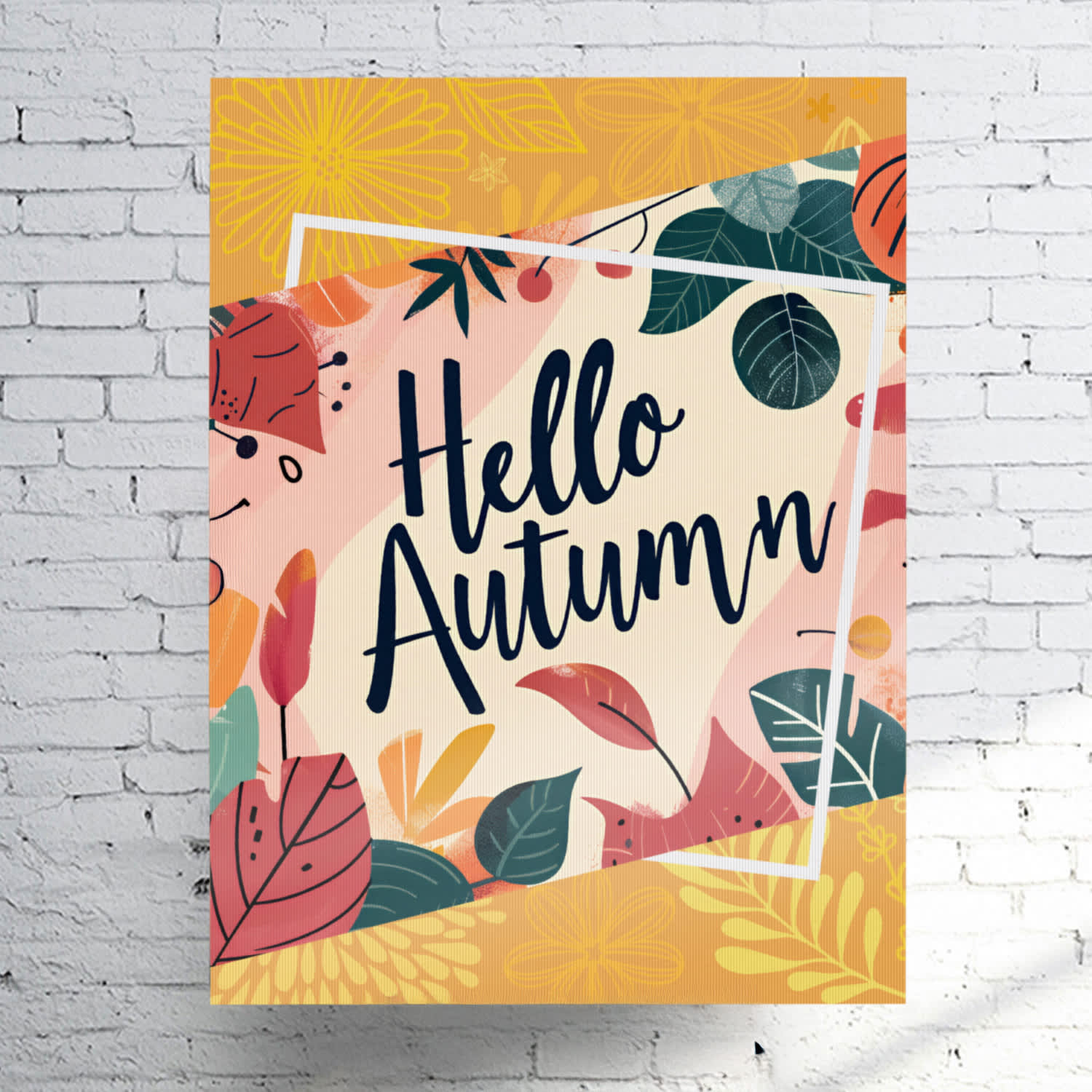 A poster featuring autumn-themed illustrations with colourful leaves and flowers, displaying the text "Hello Autumn." 900 W x 1200 H Core Flute - Image 1