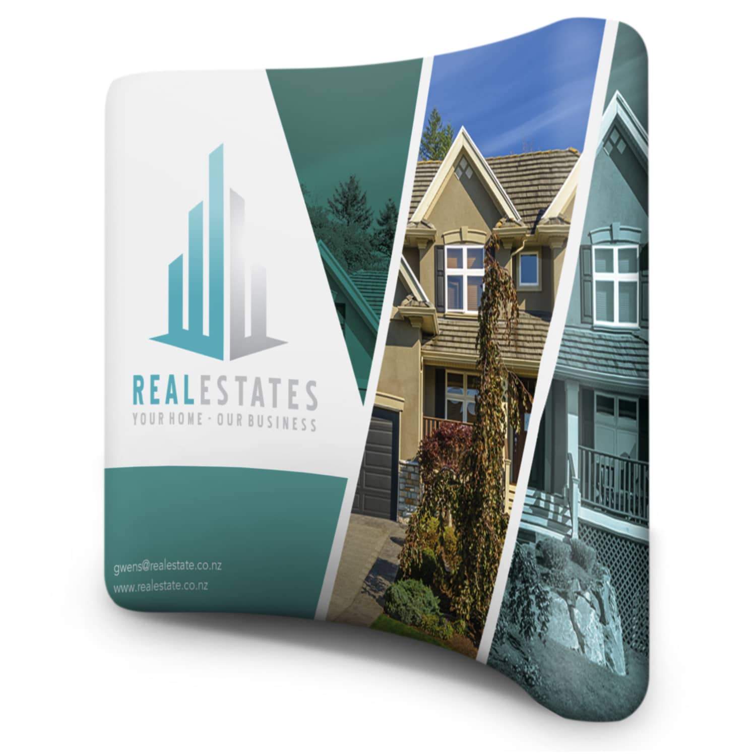 A curved stretch media wall in teal and white, featuring images of residential properties and a logo. Curved Stretch Media Wall Small - Image 1