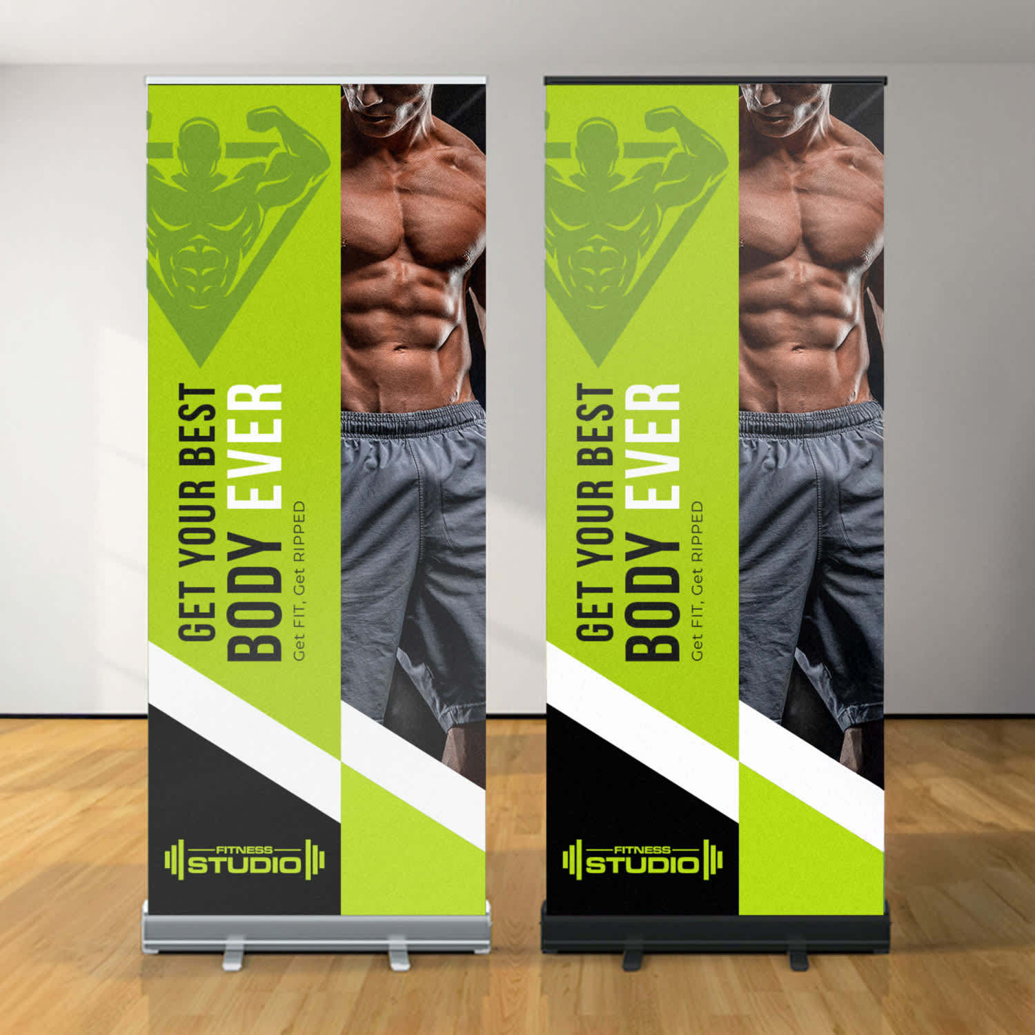 Two premium pull-up banners featuring a muscular figure and vibrant green and black designs. Each banner includes branding elements. Premium Pull Up Banner - Image 1