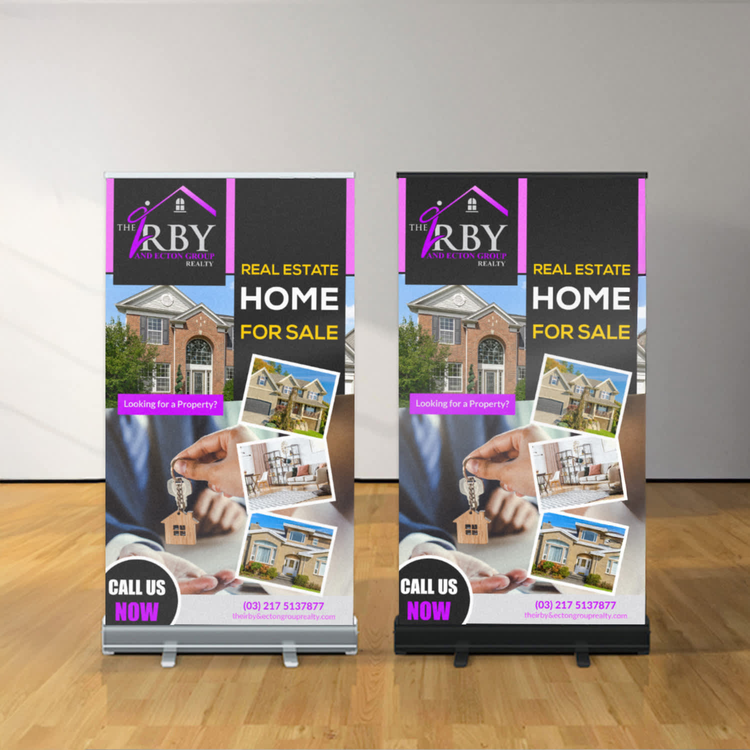 A pull-up banner featuring a real estate theme, predominantly in black and white with colourful images, and a logo. Premium Pull Up Banner (SC Approved) - Image 1