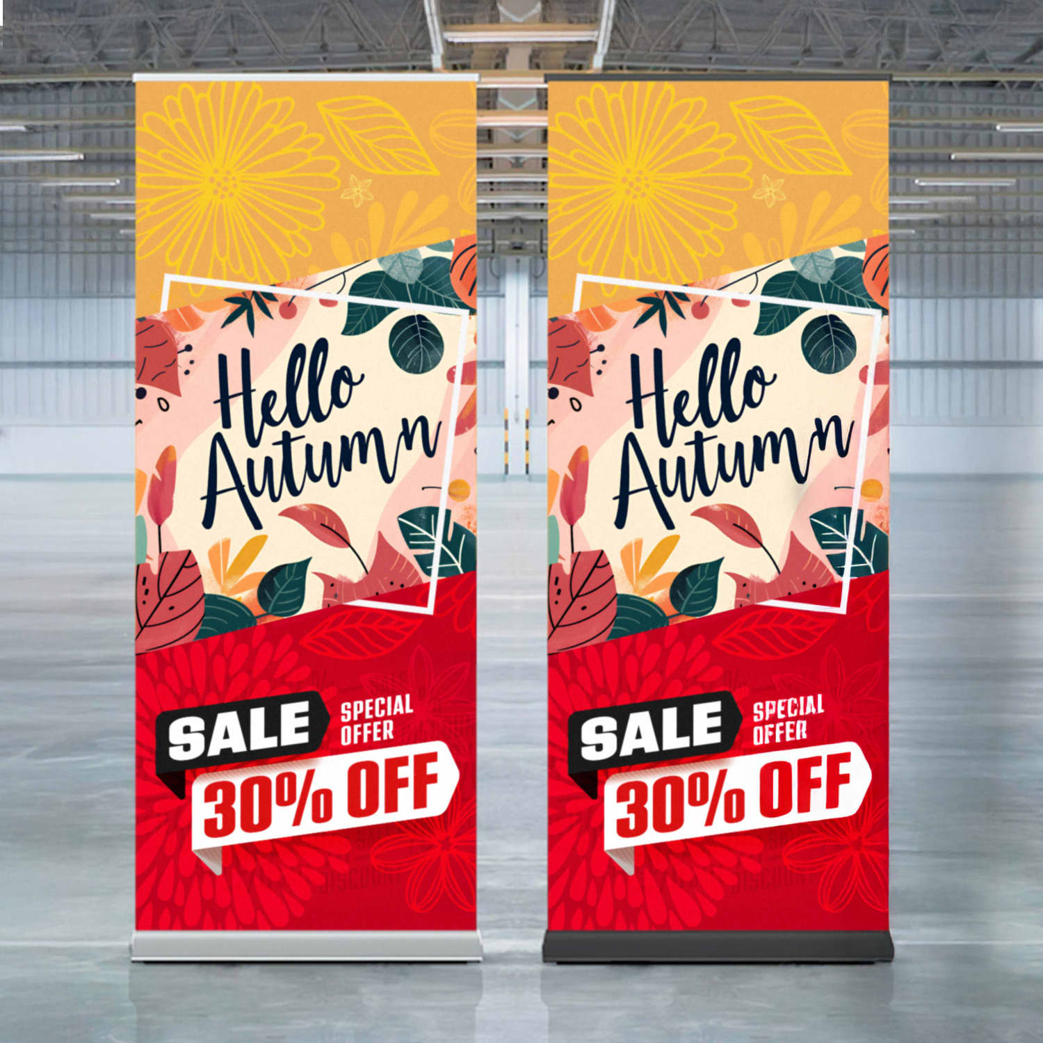 Two vertical pull-up banners featuring autumn-themed designs with floral patterns in warm colours of orange, red, and yellow. Luxury Pull Up Banner - Image 1