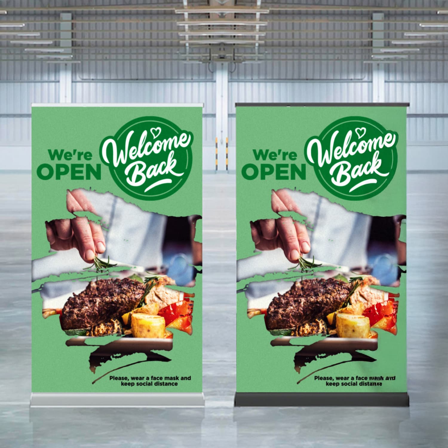 Two luxury pull-up banners in green featuring food imagery and a logo, set in a spacious indoor event space. Luxury Pull Up Banner (SC Approved) - Image 1