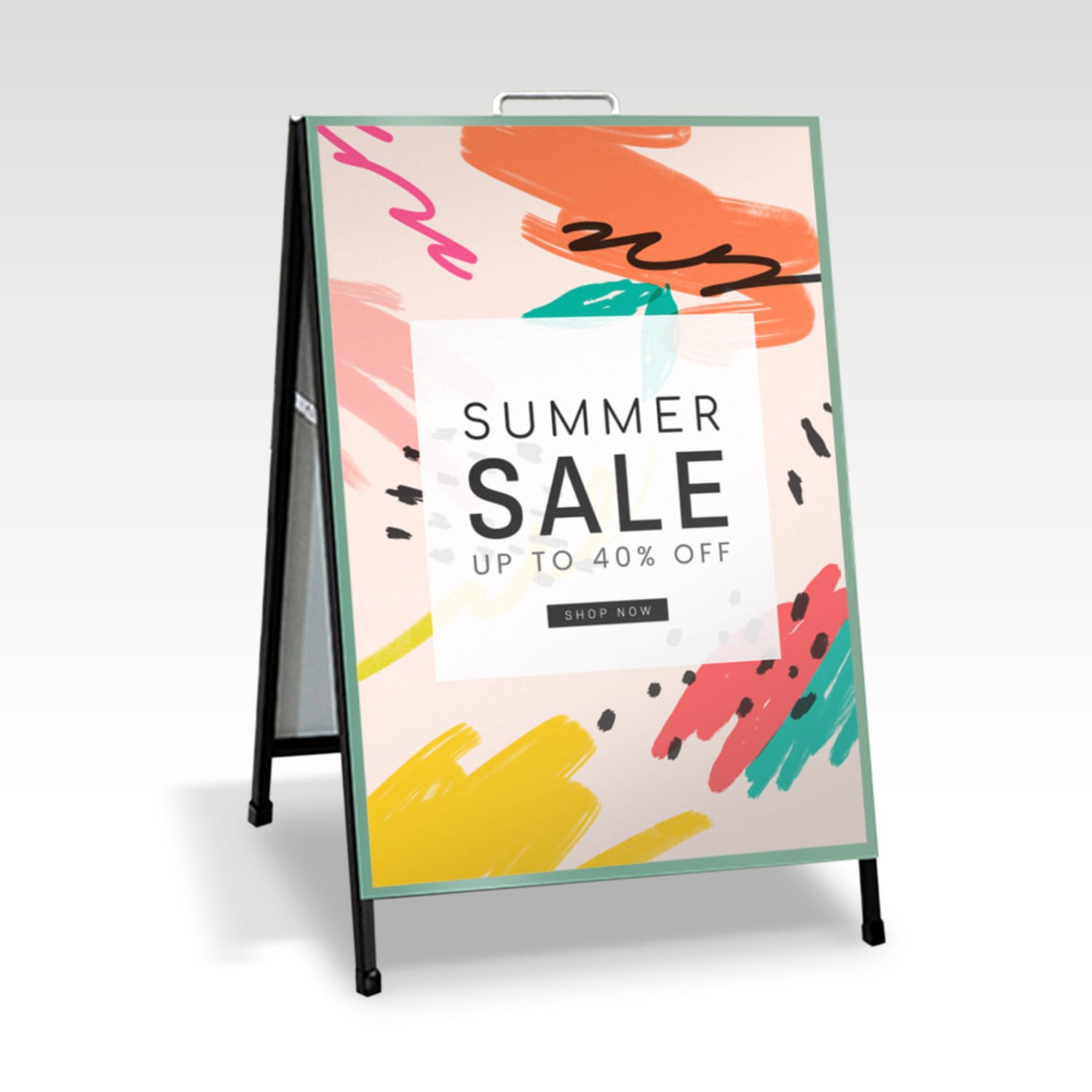 A double-sided metal A-frame sign featuring colourful abstract patterns and a branding logo. 600x900 Metal A-Frame - Image 1