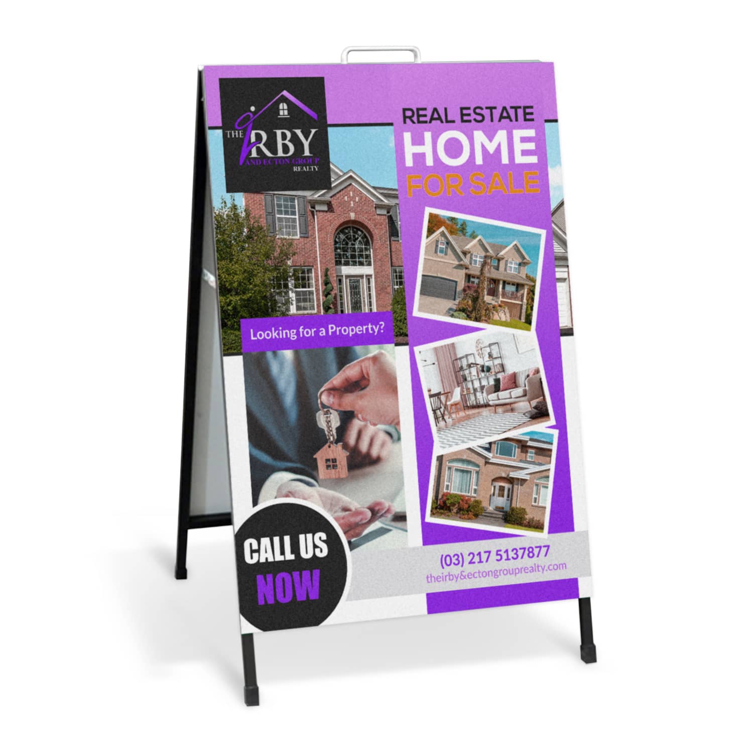A black metal A-frame sign featuring images of houses and a key, with a purple and white colour scheme and a logo. 900x1200 Metal A-Frame - Image 1