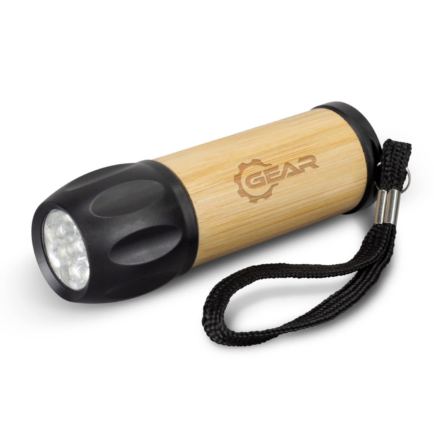 A bamboo torch with a black end and a wrist strap, featuring a logo on the wooden body. Navigator Bamboo Torch - Image 1