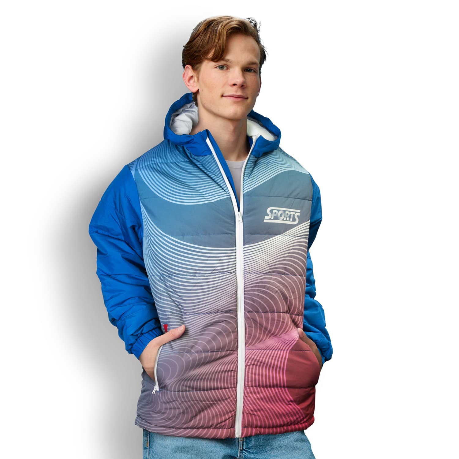 A man in a blue and gradient red custom puffer jacket with a hood, featuring a logo on the front. Custom Puffer Jacket - Image 1
