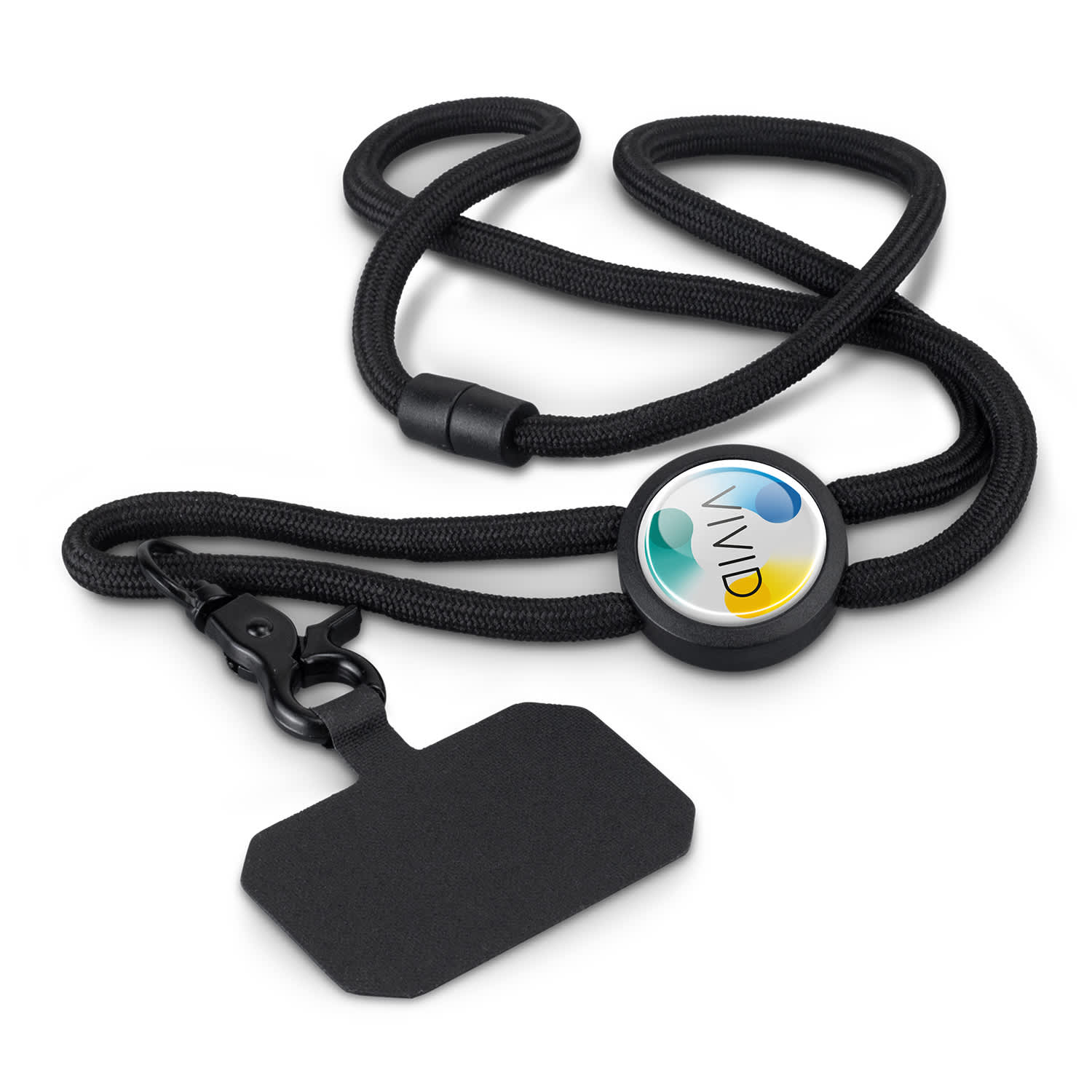 A black phone lanyard with a circular attachment featuring a logo and a rectangular tag for identification. Roam Phone Lanyard - Image 1