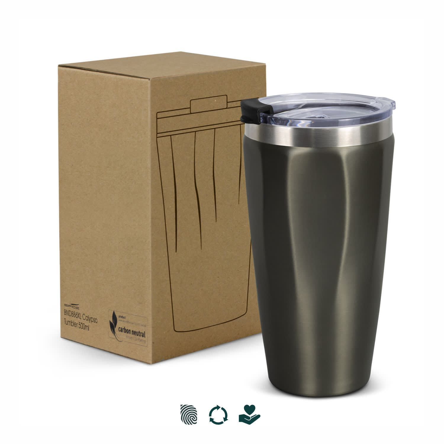 A drink bottle in a sleek dark grey colour, alongside its eco-friendly packaging and a clear lid. SPICE Calypso Vacuum Tumbler - 500ml - Image 1