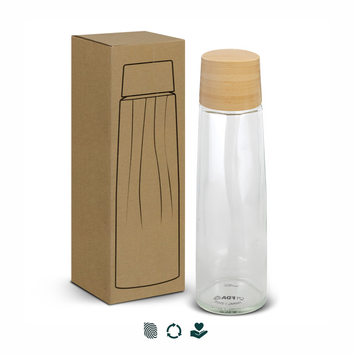 A drink bottle with a clear glass body and a wooden lid, packaged in a simple brown box, featuring a logo. SPICE Calypso Glass Bottle - 750ml - Image 1