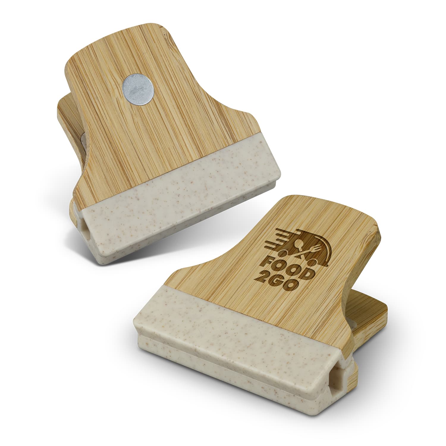 A bamboo clip with a beige section at the bottom, featuring a logo on one side. Bamboo Clip - Image 1