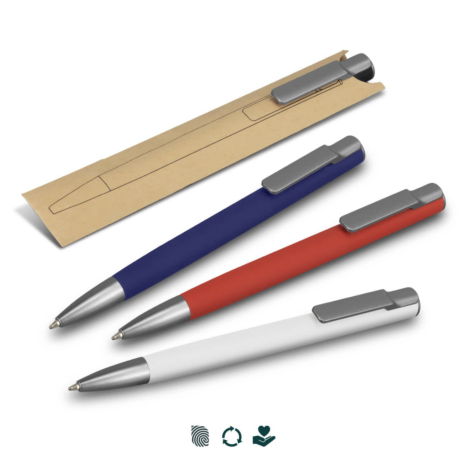 Three metal pens in blue, red, and white, displayed on a kraft paper packaging. Each pen has a silver clip and branding. SPICE Slide Pen - Image 1