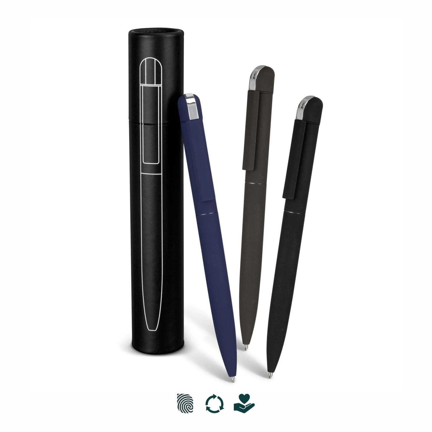 Three metal pens in navy, dark grey, and black, displayed beside a cylindrical black container. SPICE Folk Pen - Image 1