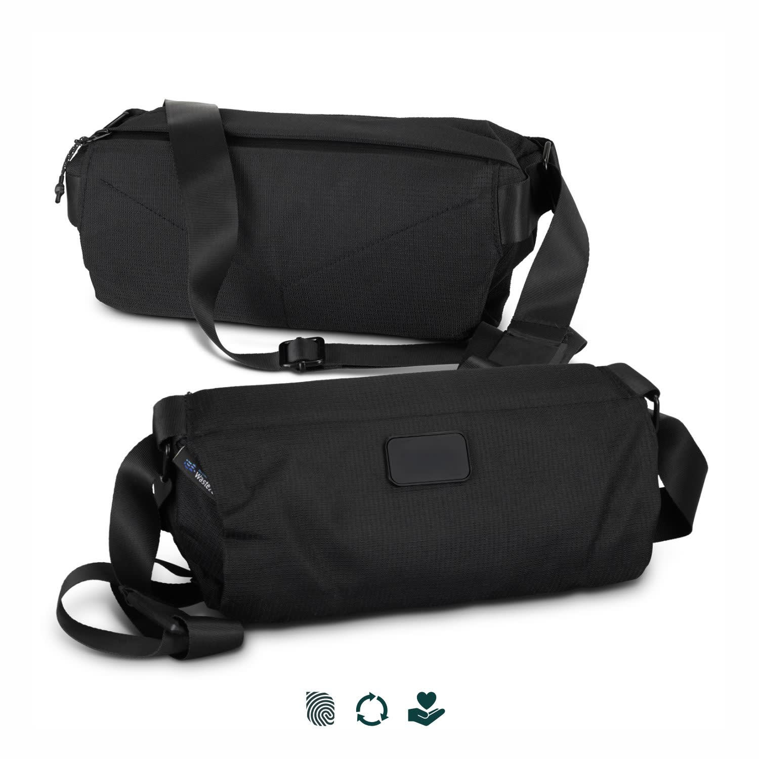 A black sling bag made from recycled materials, featuring an adjustable strap and a logo on the side. SPICE Waste2Gear Sling Bag - Image 1