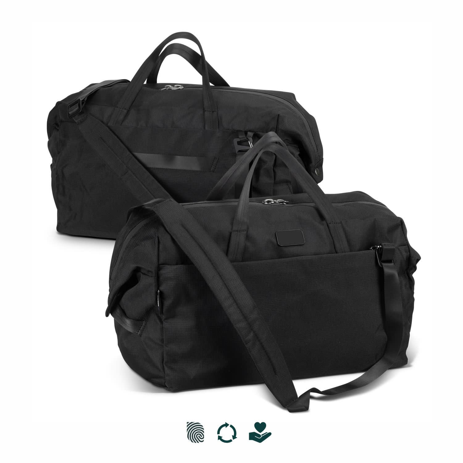 A black duffle bag with two handles and a detachable shoulder strap, featuring a logo and a sleek design. SPICE Waste2Gear Weekend Sports Bag - Image 1