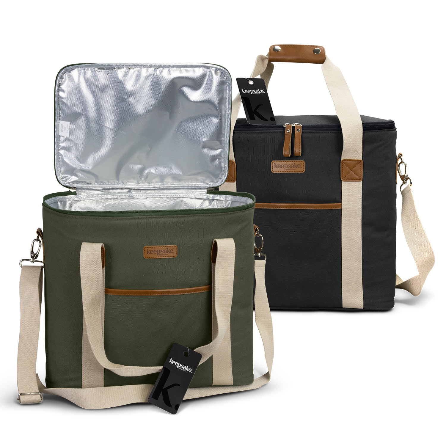 A green and black cooler bag with a silver insulated interior and adjustable straps, featuring a logo on one side. Keepsake Merchant Cooler Bag - Image 1