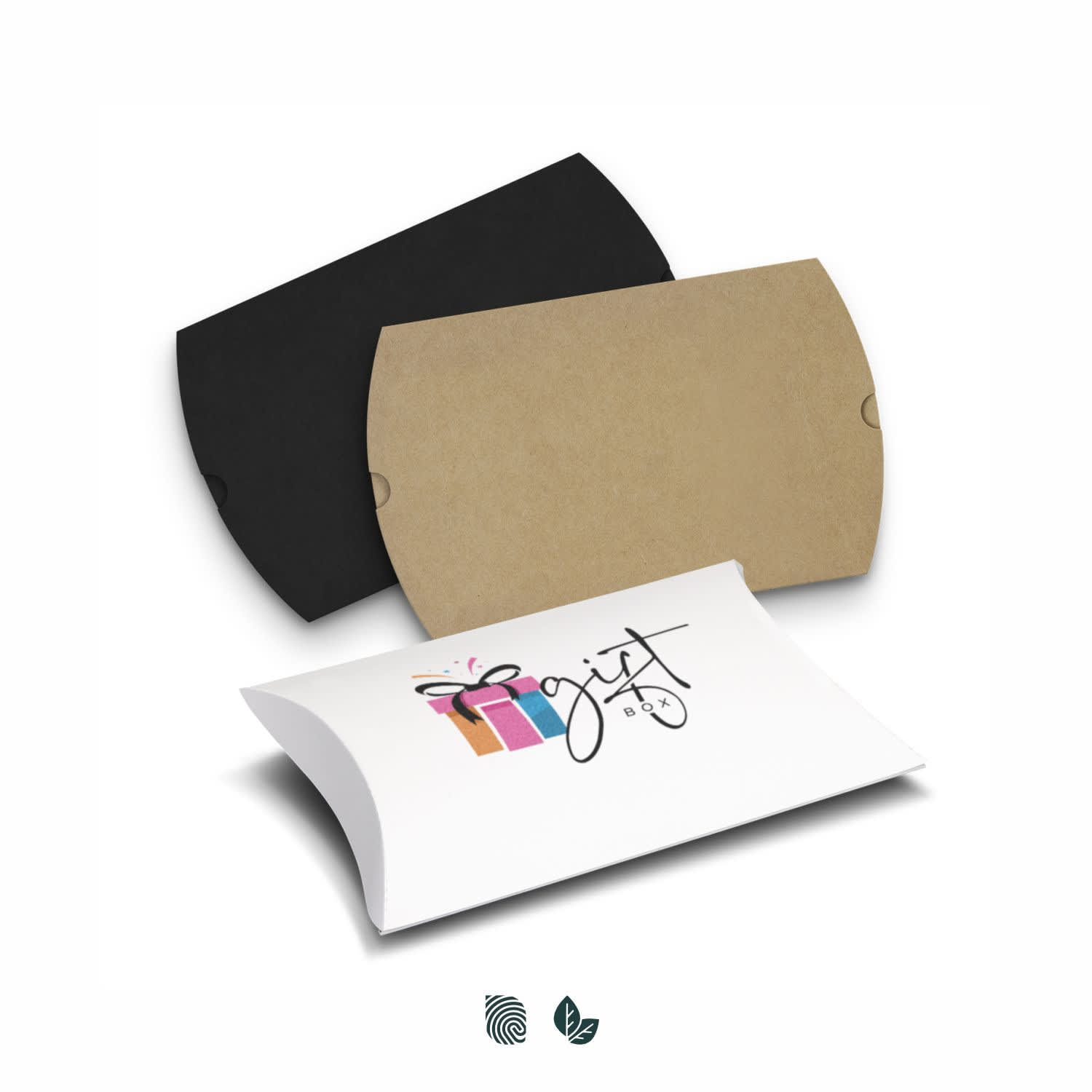 Three medium pillow boxes in black, kraft brown, and white with gift box design featuring a logo. Pillow Box - Medium - Image 1