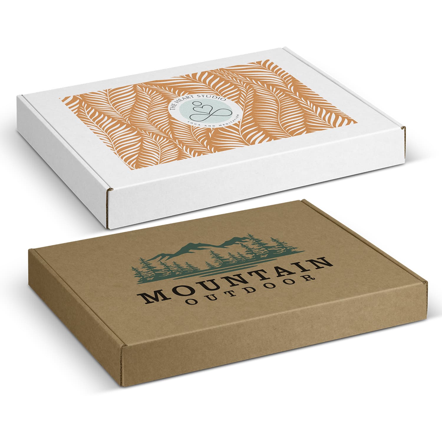 A die cut box with a locking lid, featuring a floral design in orange and another with a green mountain logo. Die Cut Box with Locking Lid - 320x230x35mm - Image 1