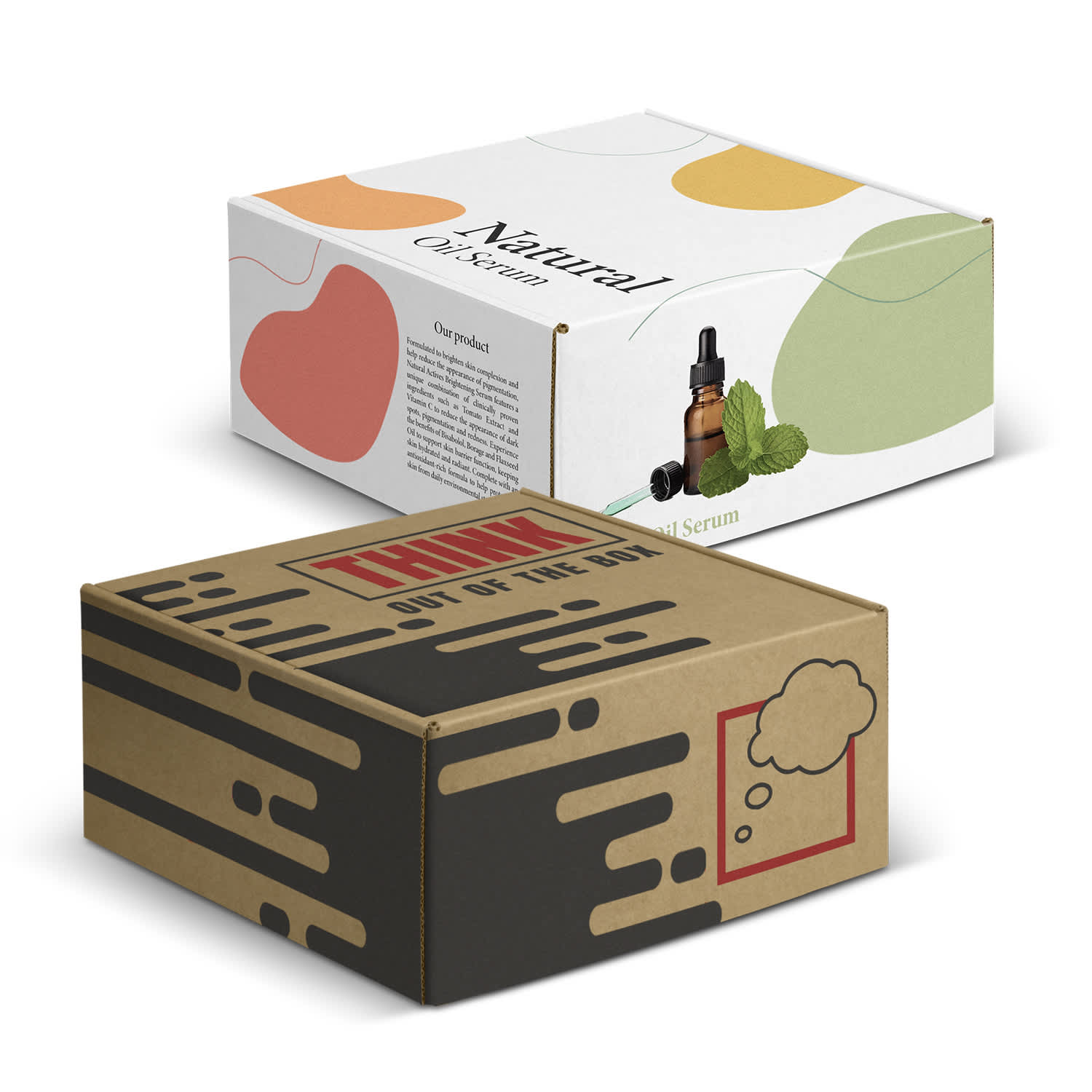 A die cut box with a locking lid in natural tones, featuring a logo and abstract designs, in sizes 225x225x113mm. Die Cut Box with Locking Lid - 225x225x113mm - Image 1