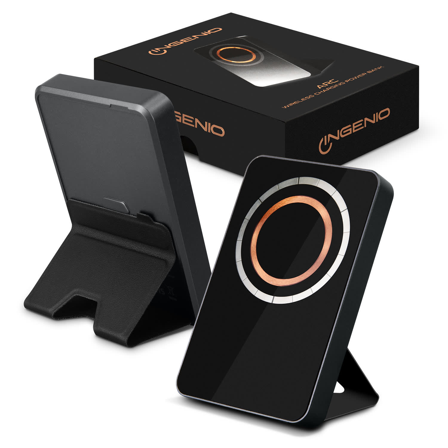 A black wireless charging power bank with a copper circle design, displayed alongside its packaging. INGENIO Arc Wireless Charging Power Bank - Image 1