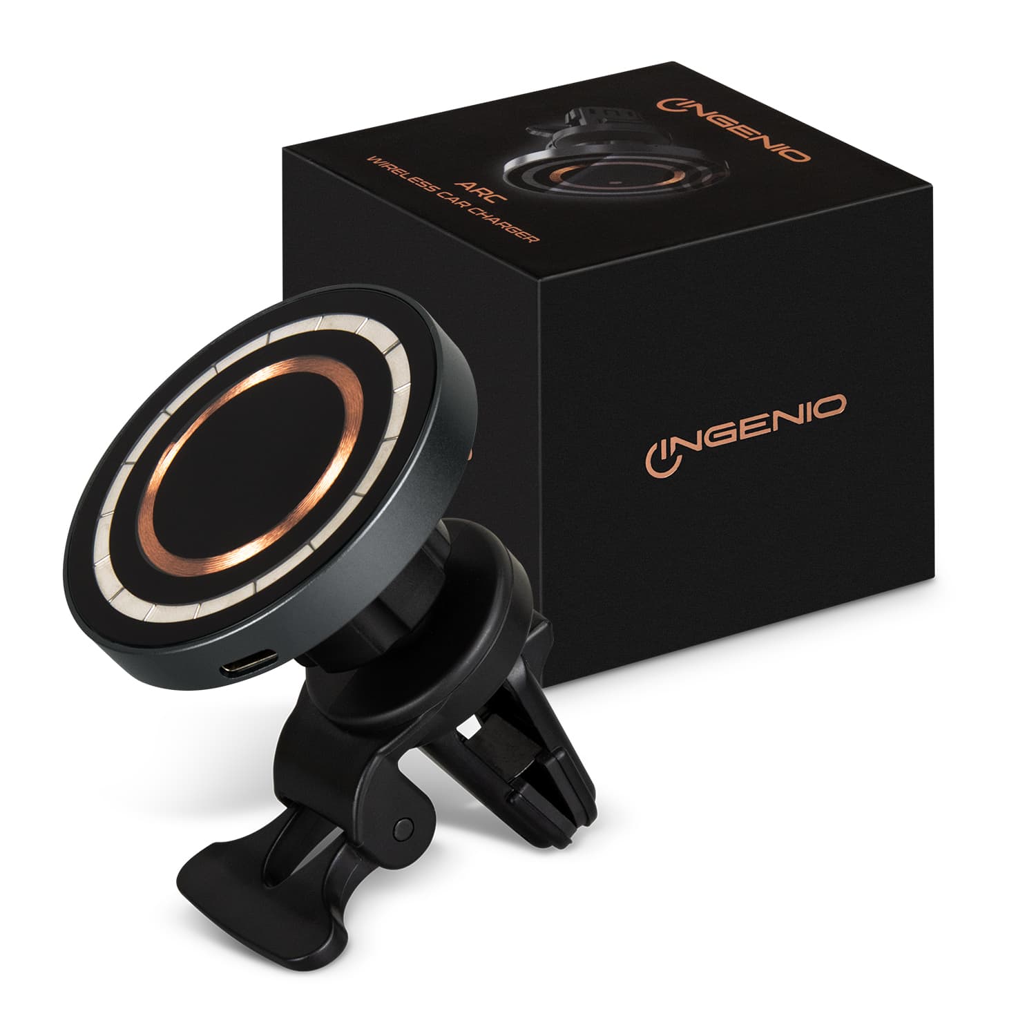 A wireless car charger in black with a circular design, accompanied by a branded box. INGENIO Arc Wireless Car Charger - Image 1