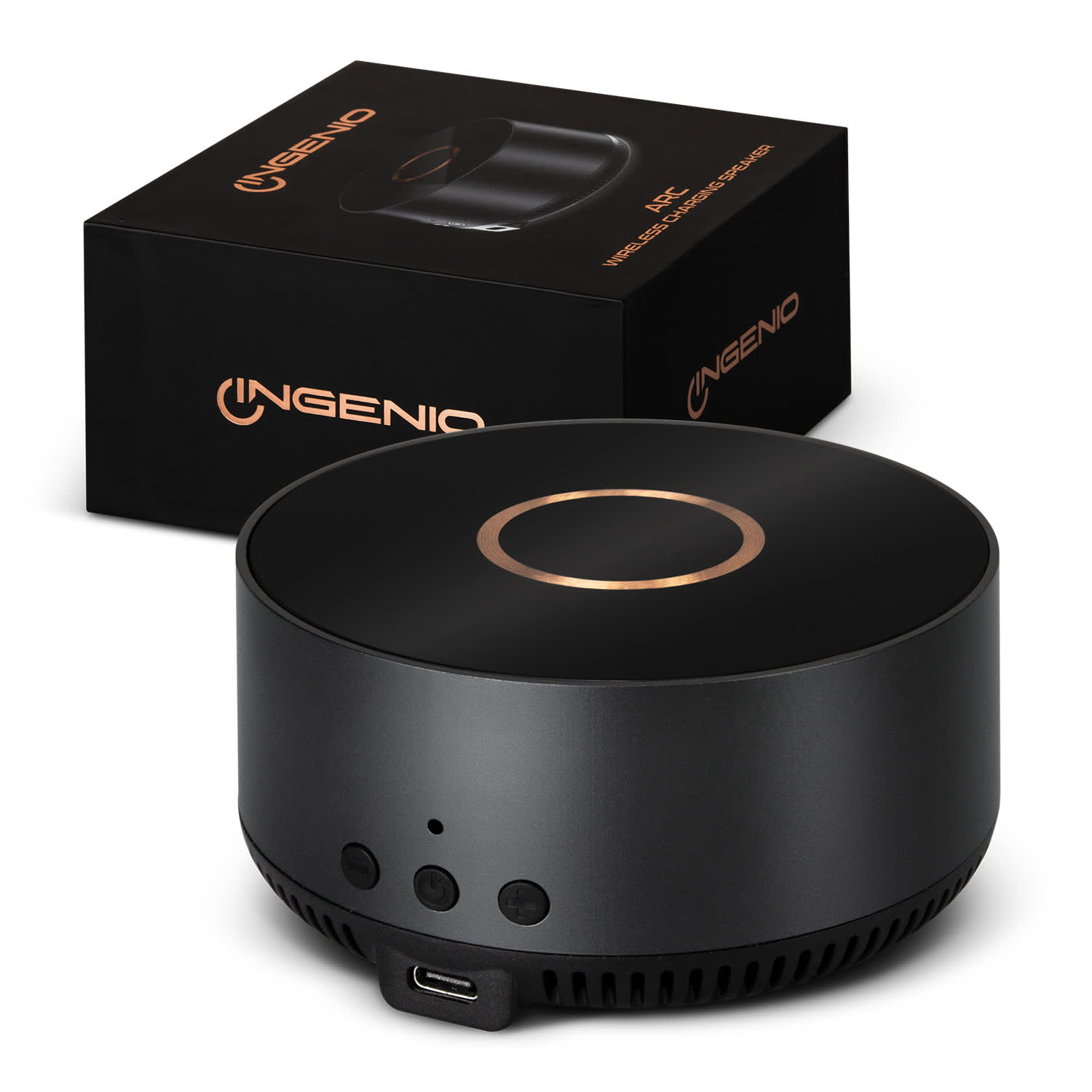 A wireless charging speaker in black with a sleek design, accompanied by its packaging featuring a logo. INGENIO Arc Wireless Charging Speaker - Image 1